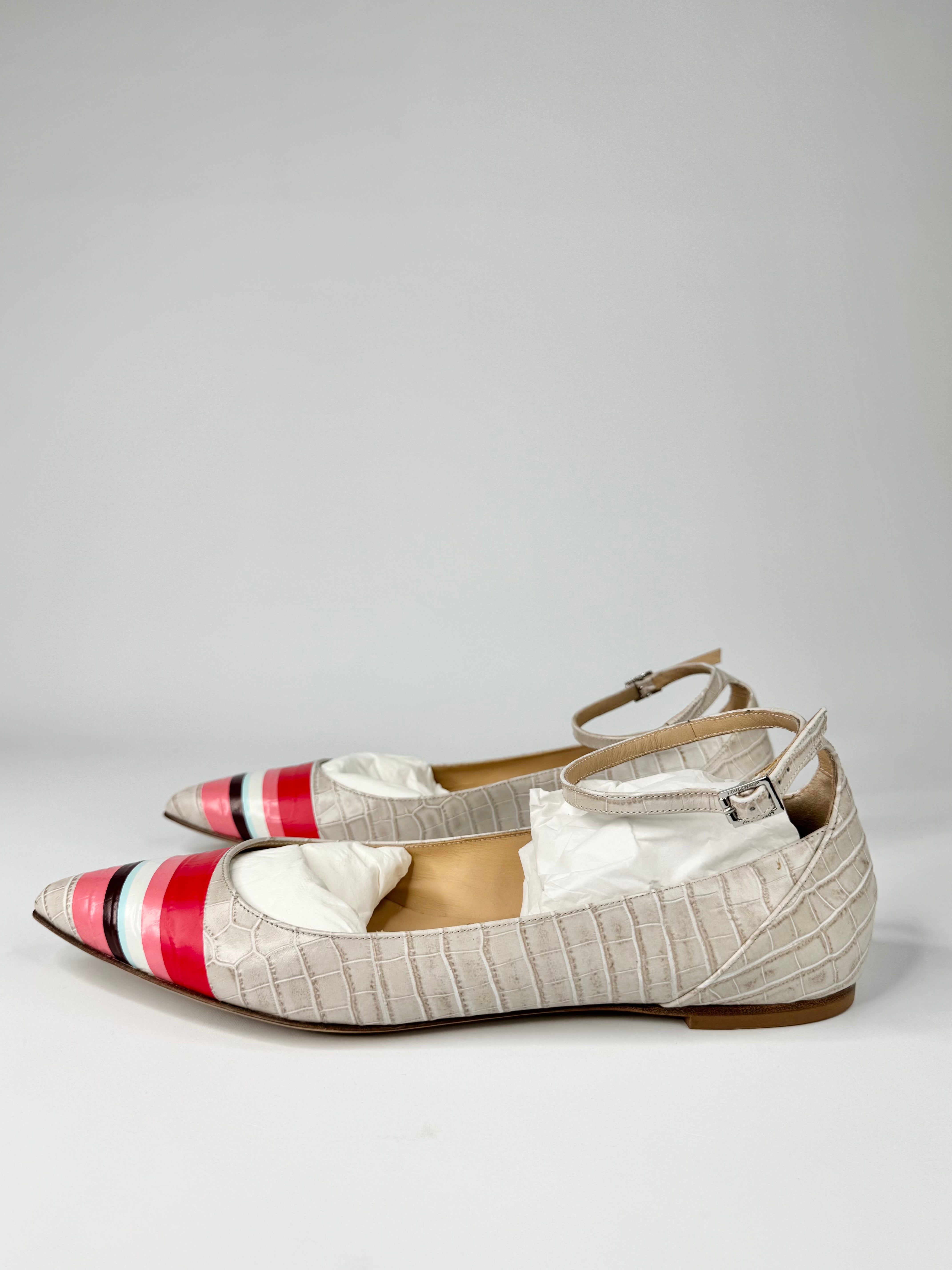 Longchamp Pale Snake Embossed Striped Pattern Pointed Toe Ballet Flats - EU41
