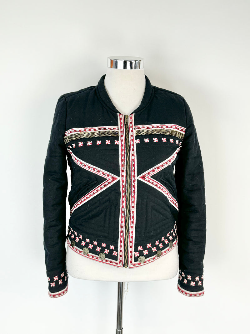 Flannel Coin Embellished Embroidered Quilted Jacket - AU10