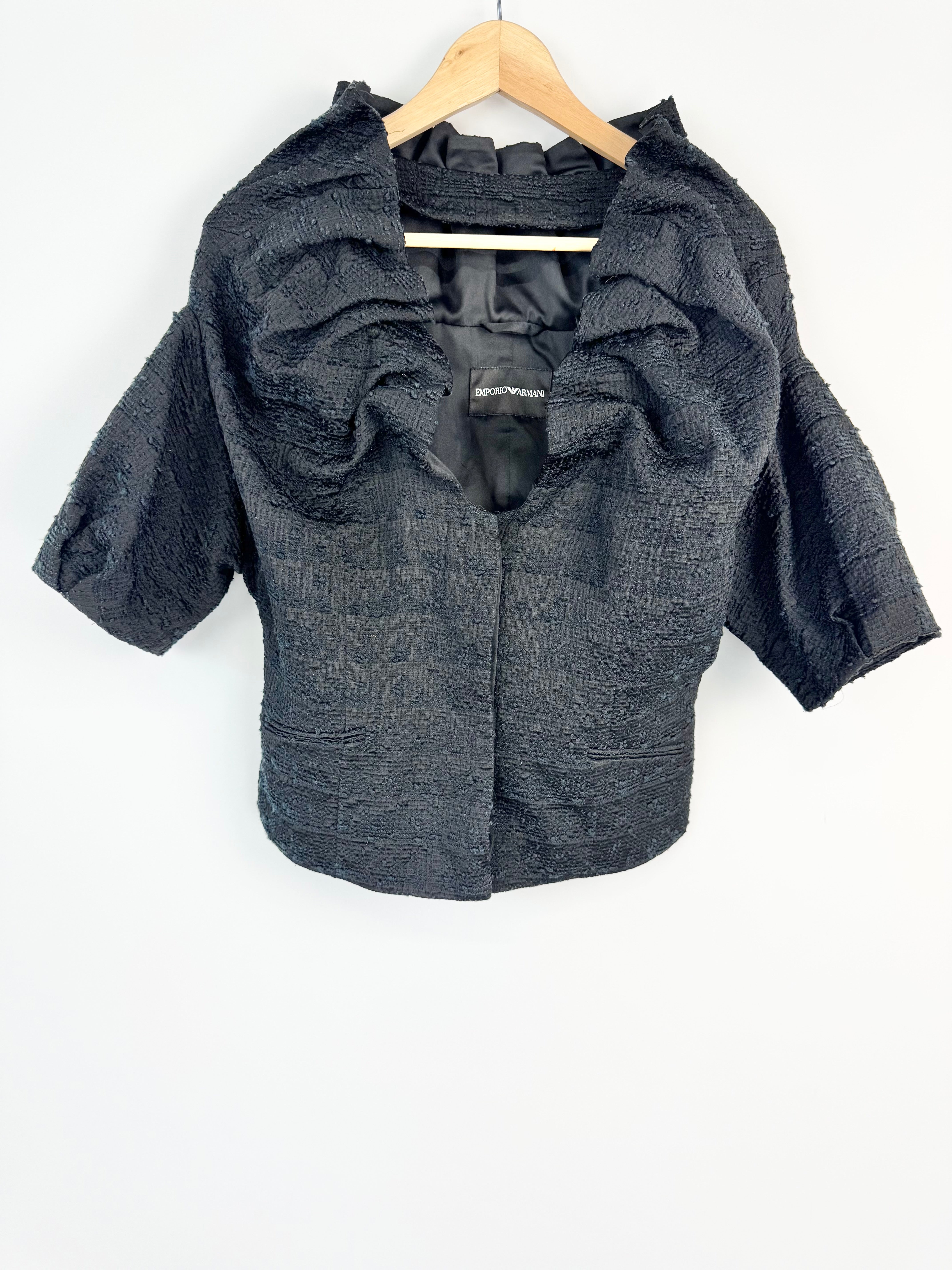Emporio Armani Midnight Blue & Black Woven Ruffle Blazer - AU12/14