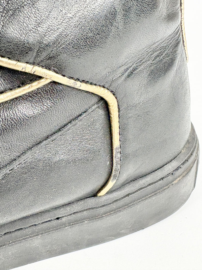 Versace Collection Black Leather & Gold Trim High-Top Sneakers - EU45