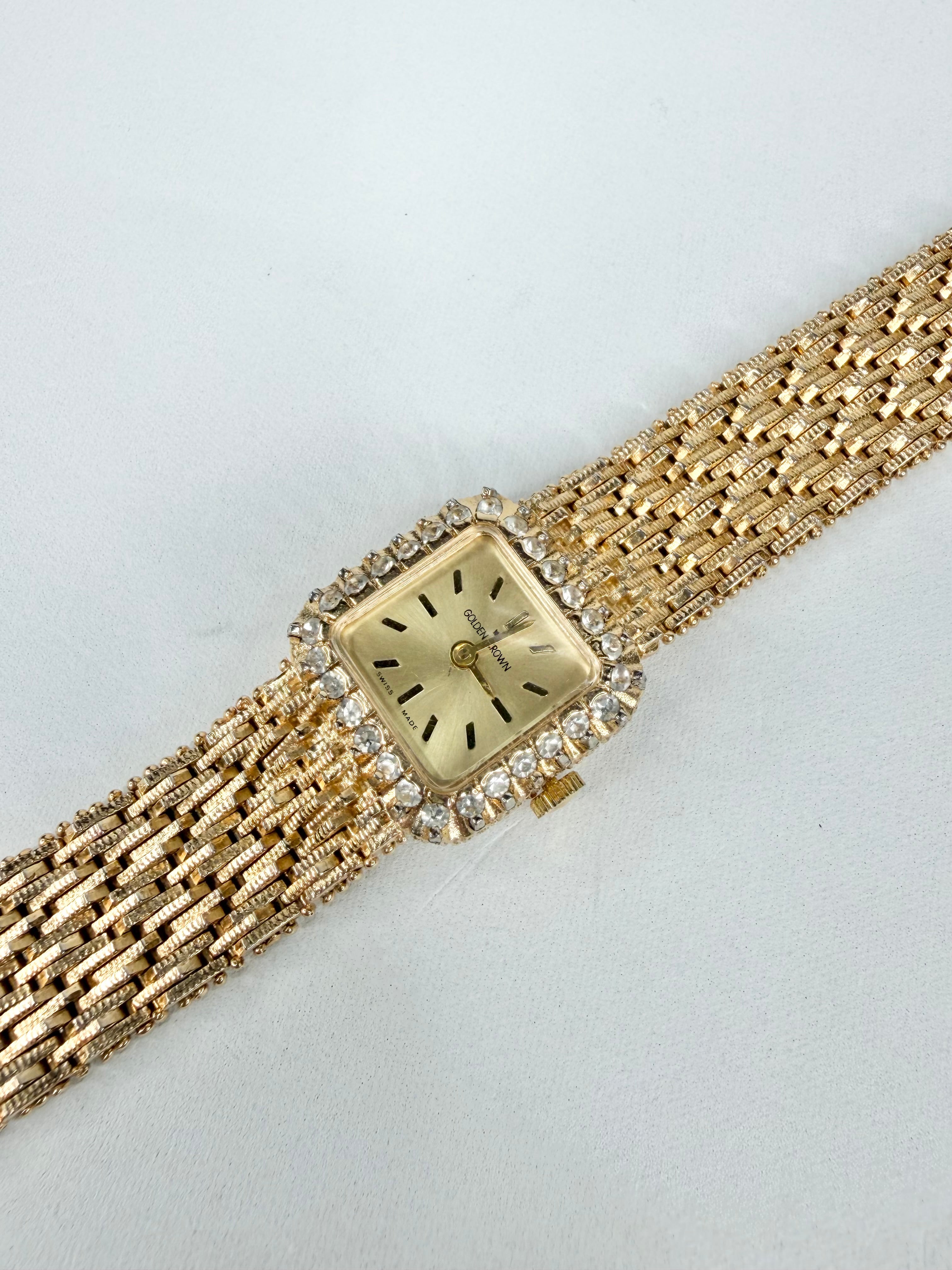 Vintage Gold Crown Gold Toned Crystal Studded Watch