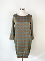 Attic & Barn Green & Black Diamond Patterned Silk Mini Dress - AU12