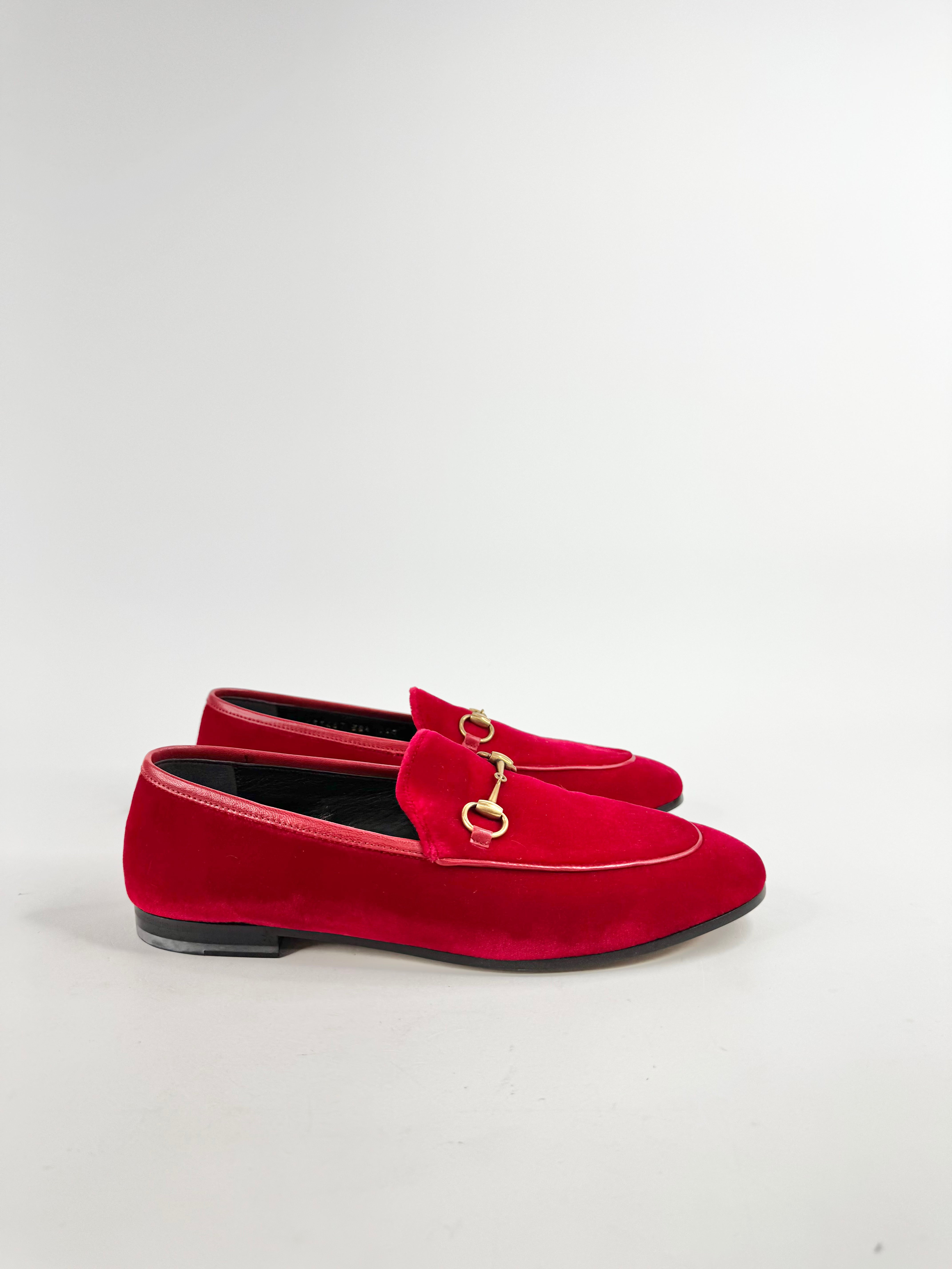 Gucci Red Velvet Horsebit Loafers - EU38.5