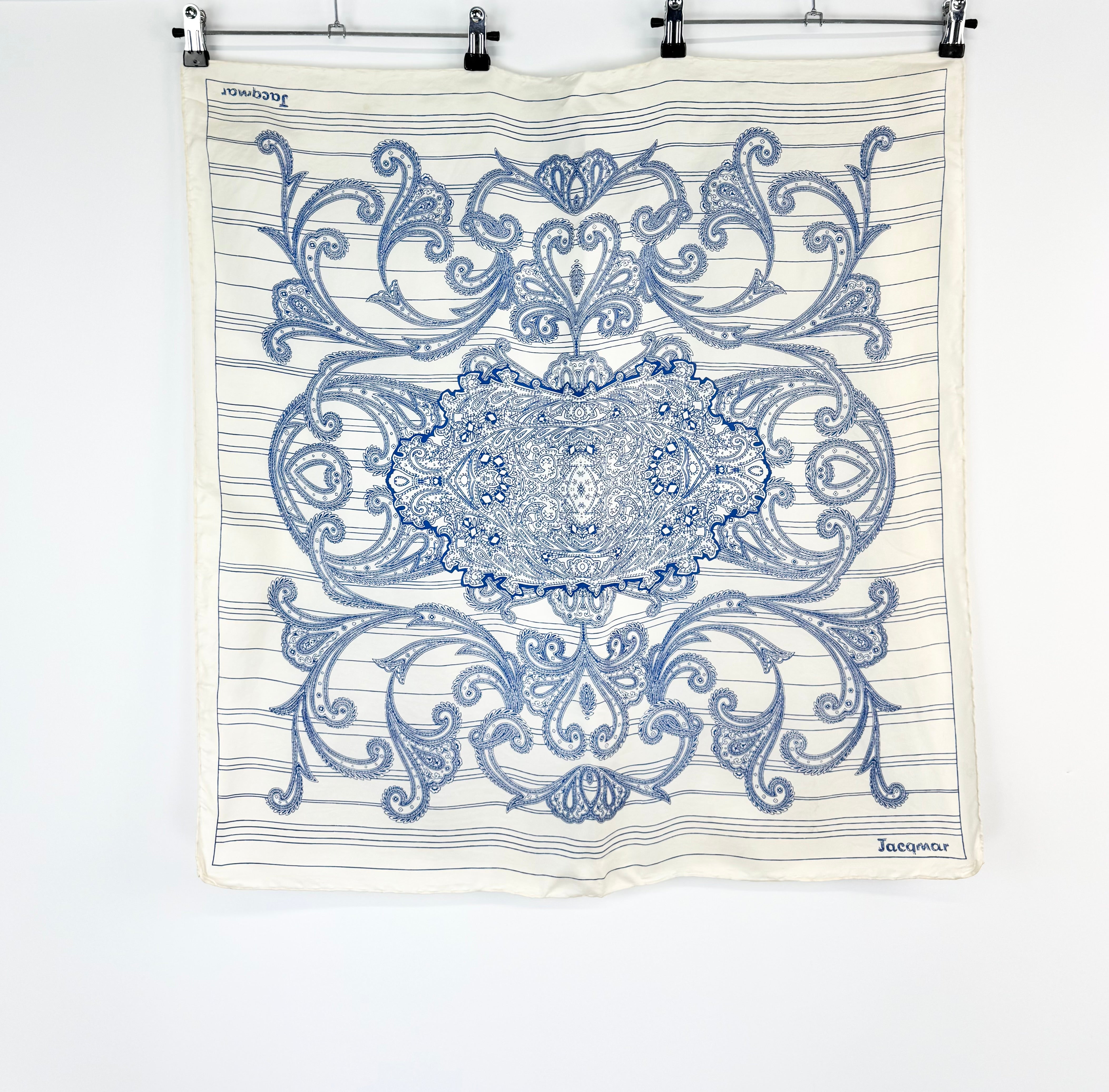 Jacqmar Cream & Blue Paisley Silk Scarf