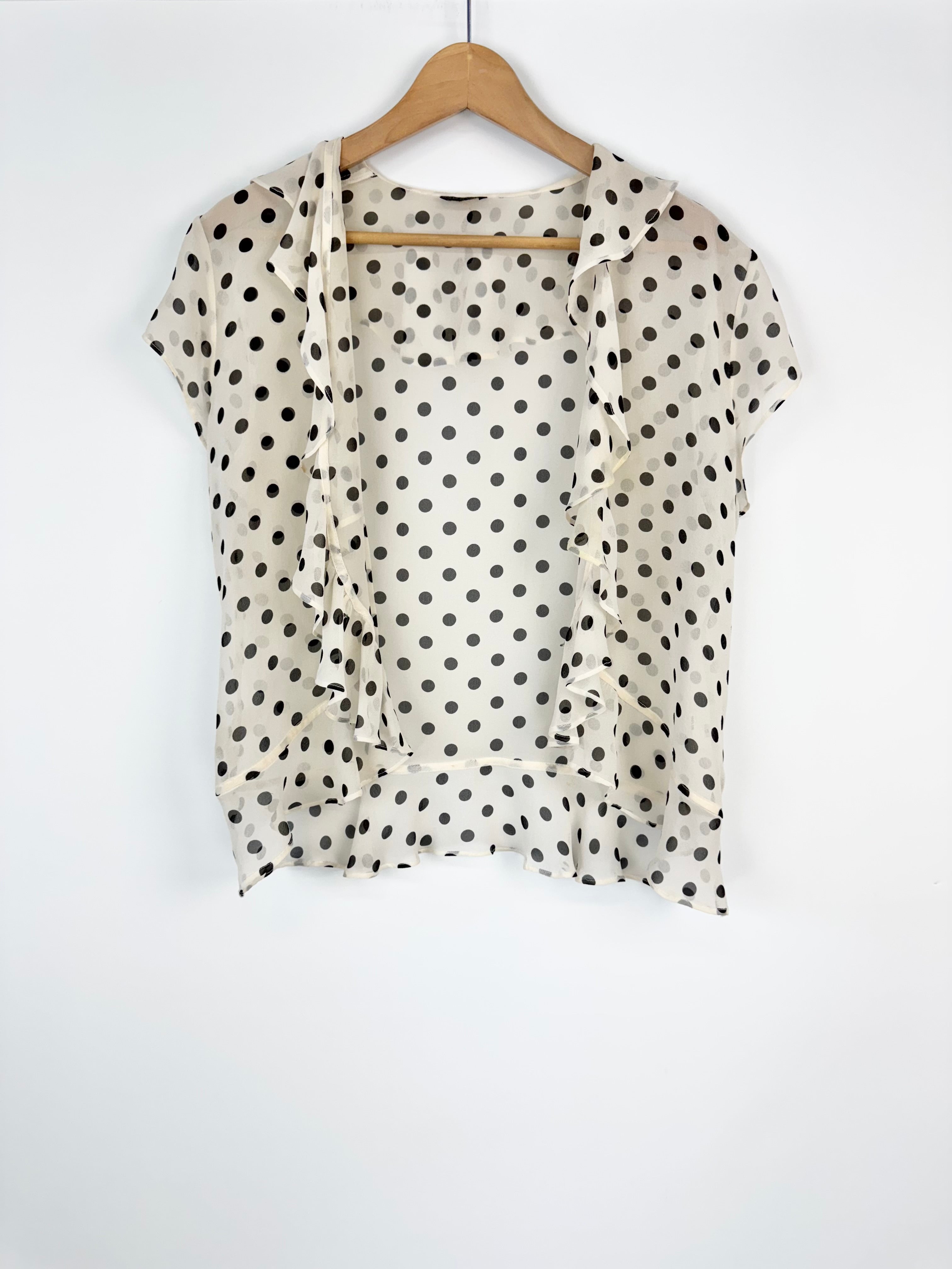 Carla Zampatti Black and Cream Spotted Frilled Edge Short Sleeve Top - AU10