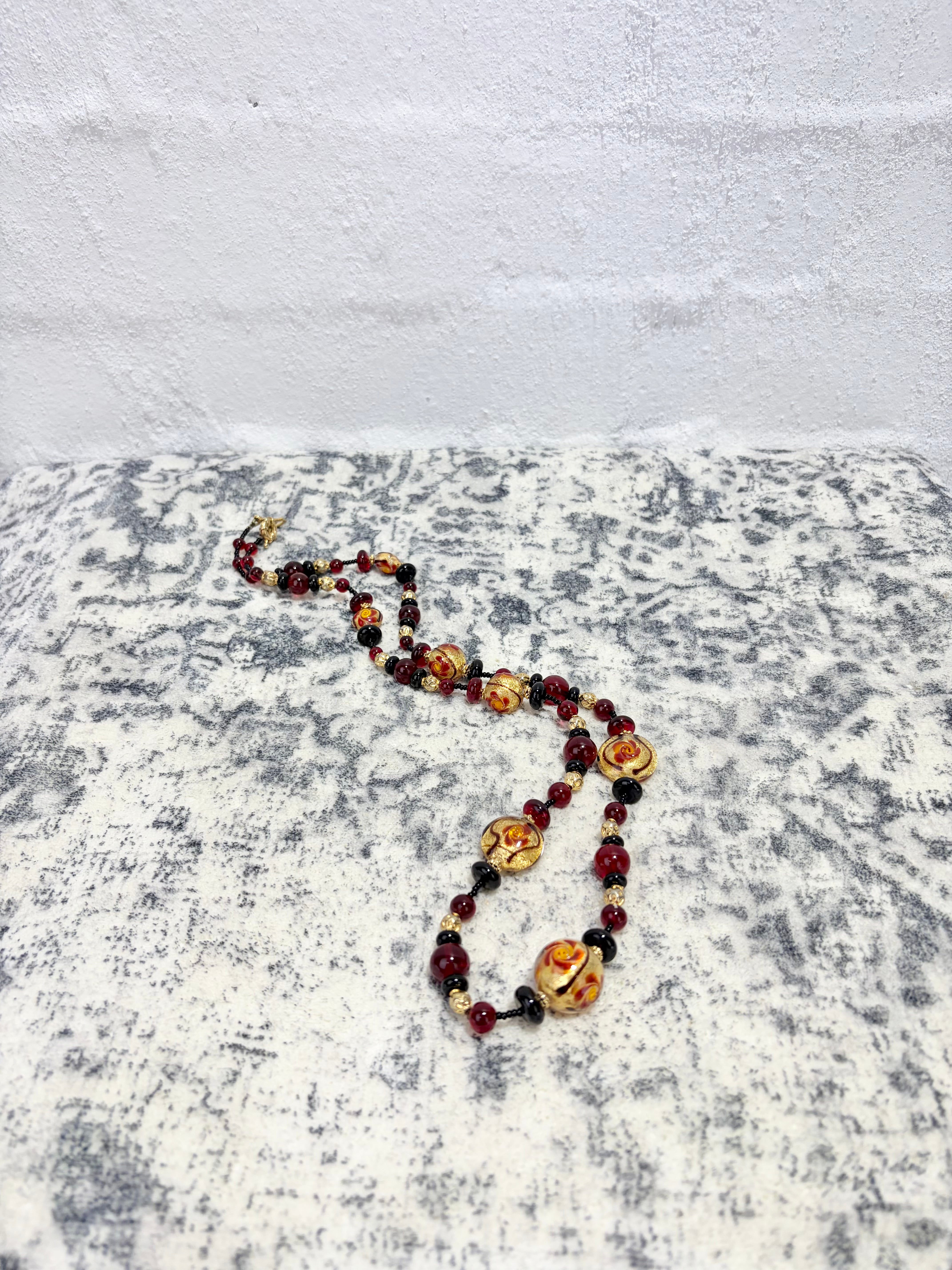 Antica Murrina Garnet Red & Metallic Gold Rose Pattern Glass Bead Necklace