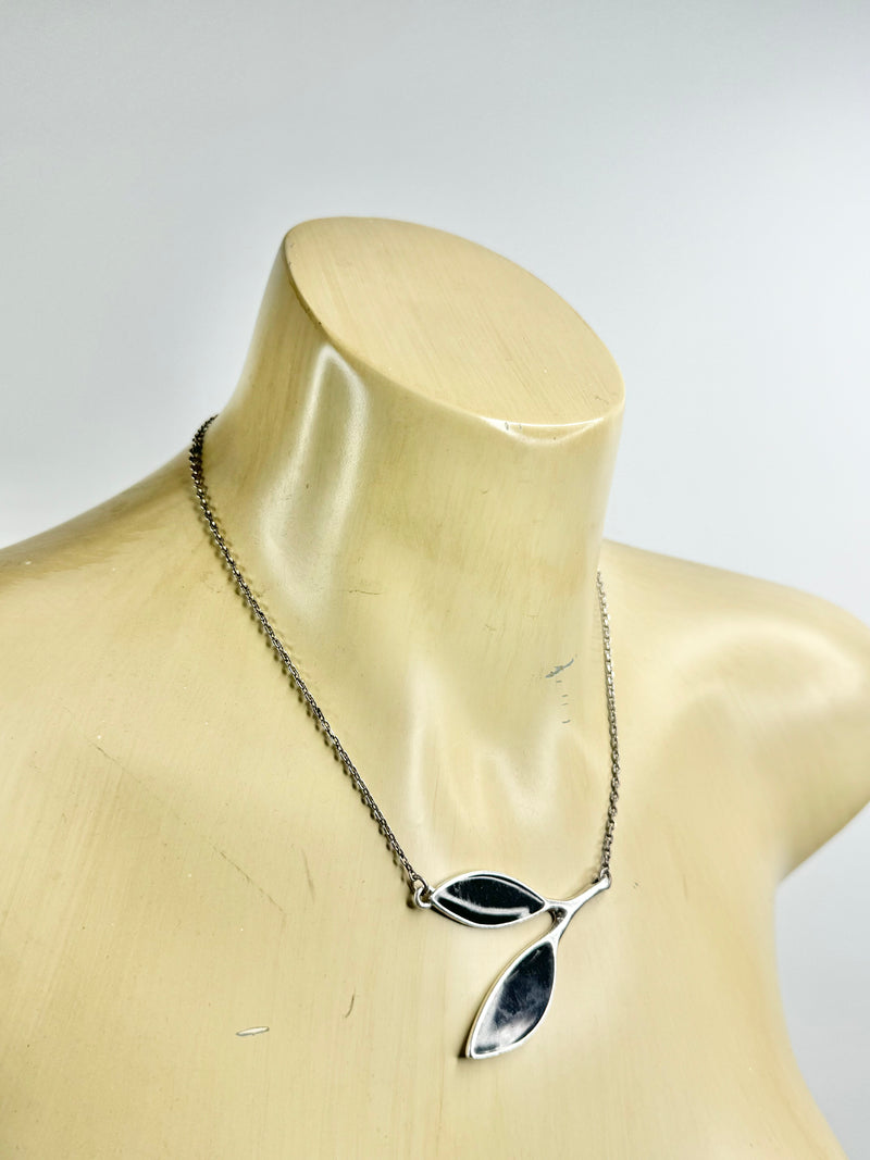Pilgrim Silver Toned Grey Enamel Leaf Necklace