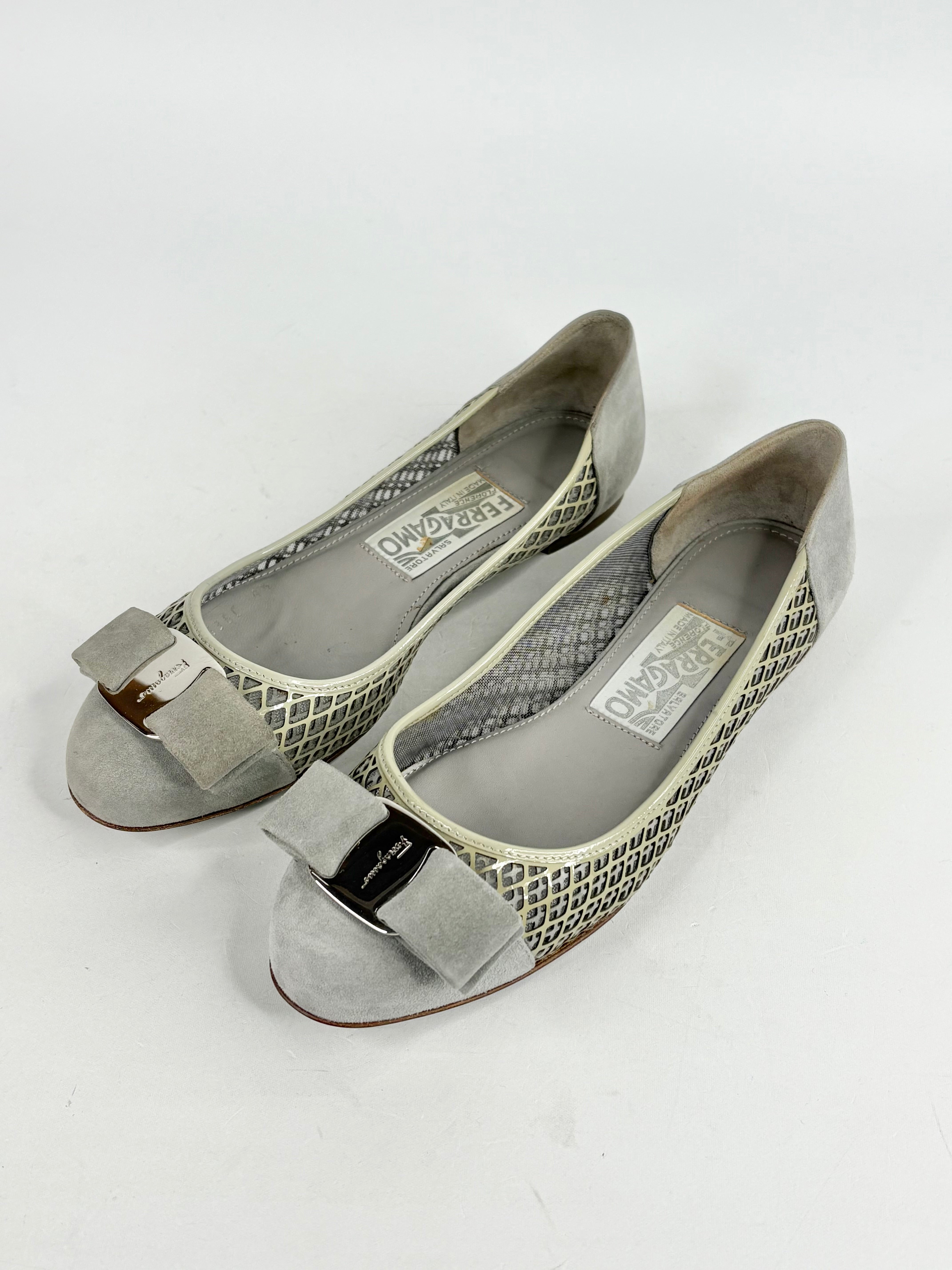 Salvatore Ferragamo Grey Mesh & Suede Bow Flats - EU35