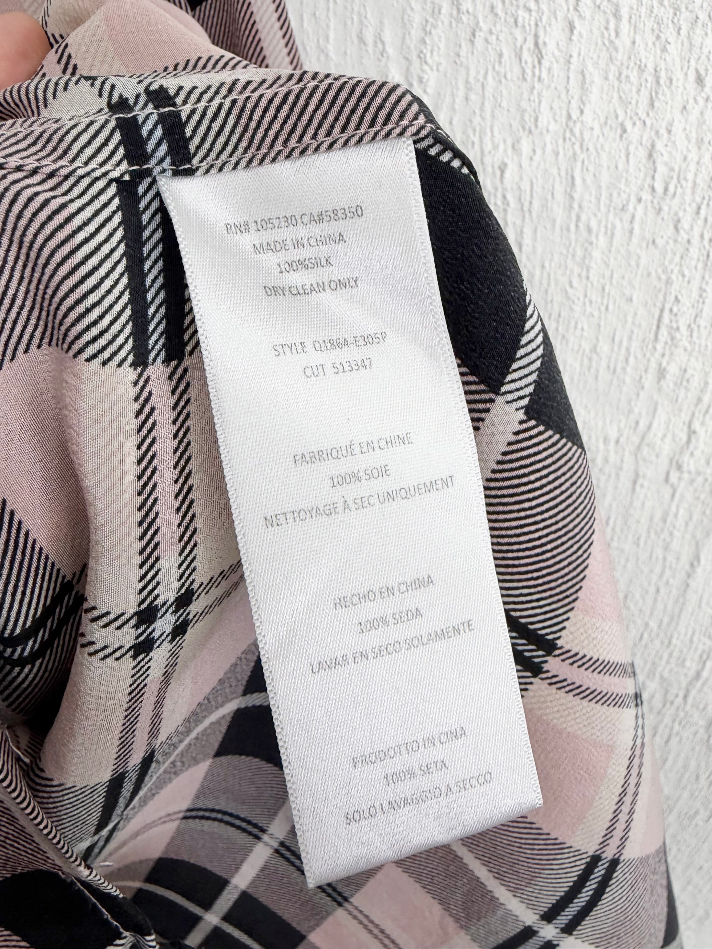 Equipment Femme Blush Pink, Black & White Plaid Silk Top - AU8/10