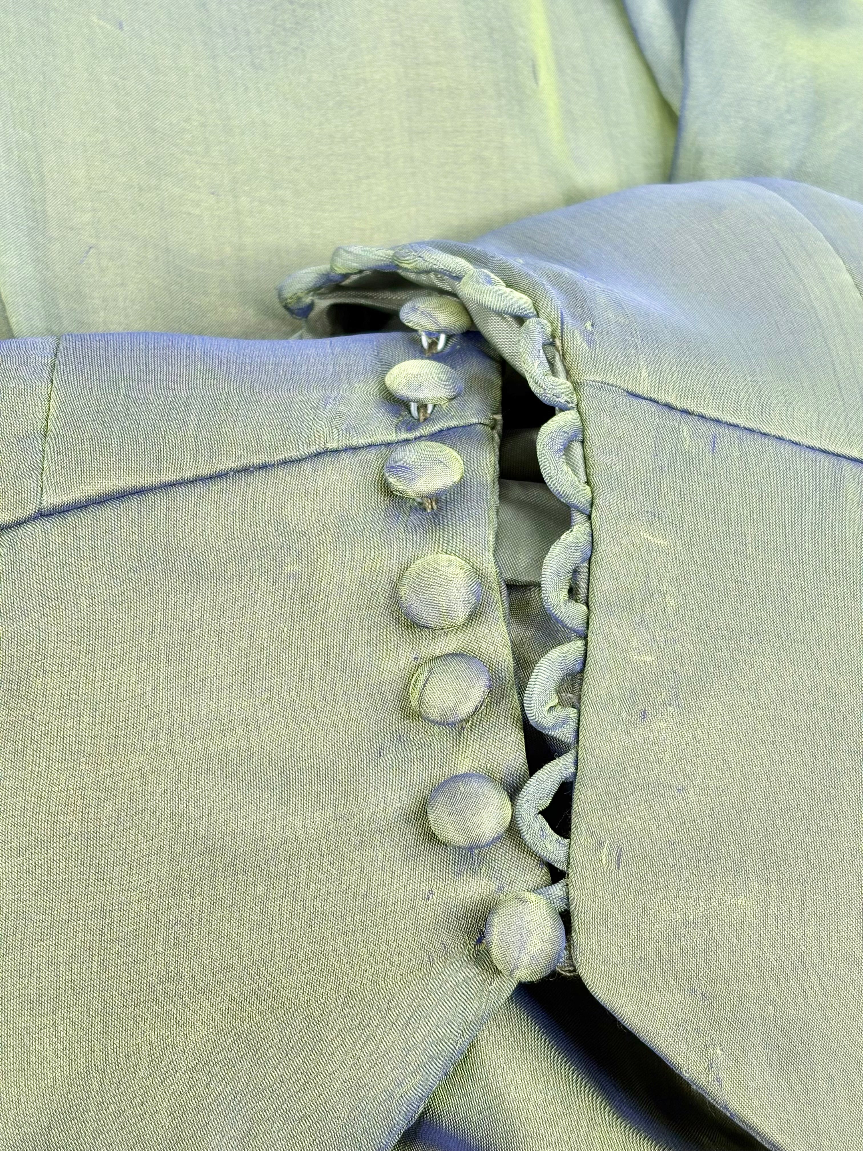 Fialora Vintage Satin-Iridescent Green Mermaid Style Ruffle Gown - AU8/10