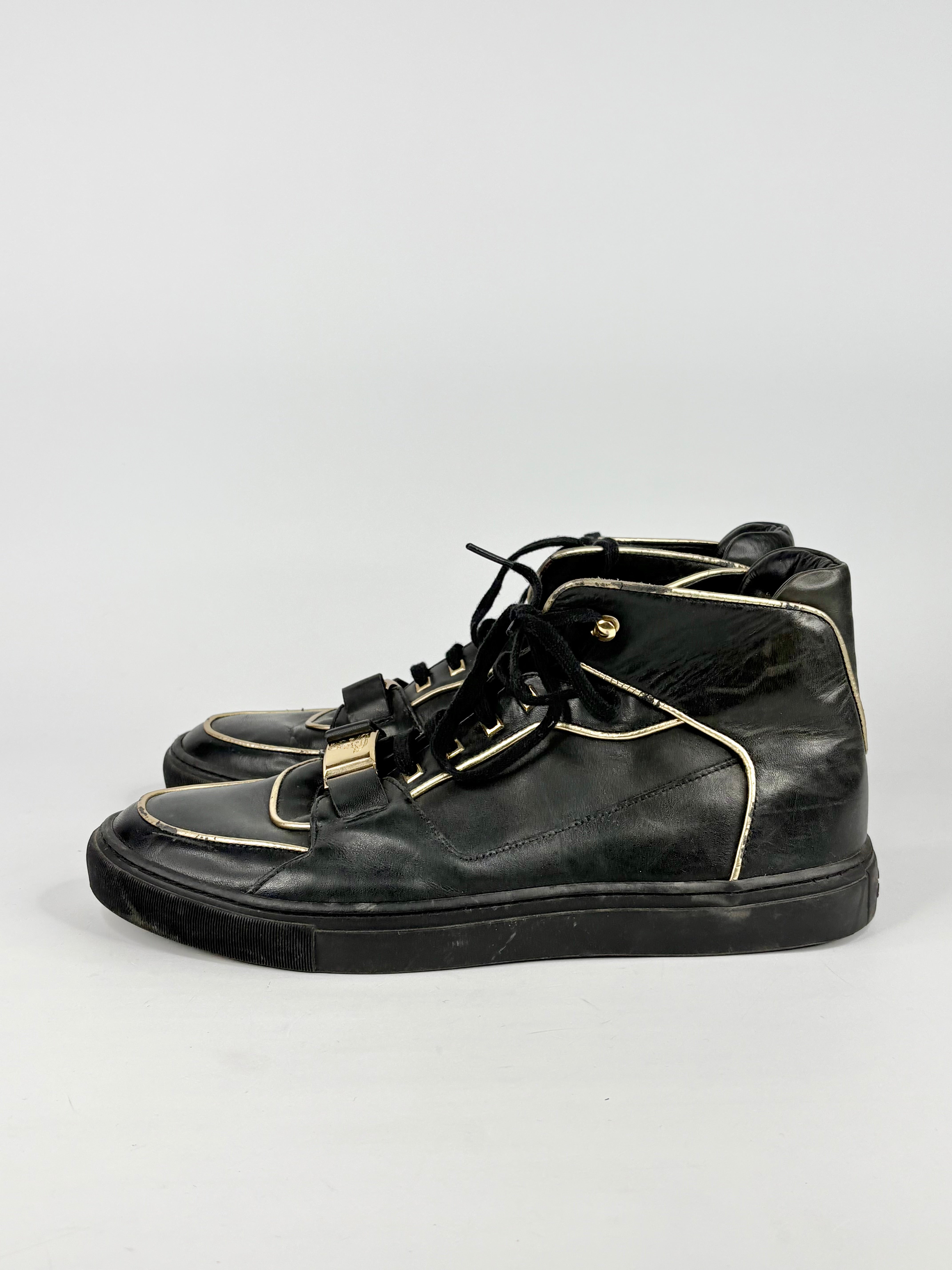 Versace Collection Black Leather & Gold Trim High-Top Sneakers - EU45