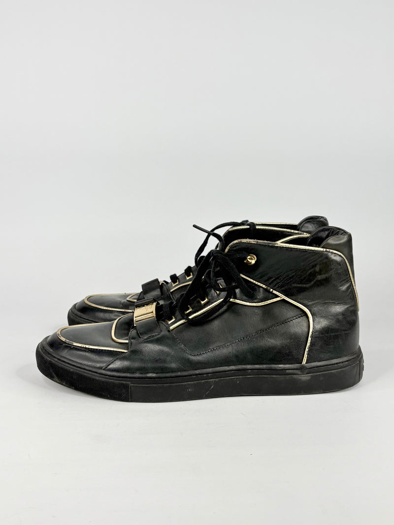 Versace Collection Black Leather & Gold Trim High-Top Sneakers - EU45