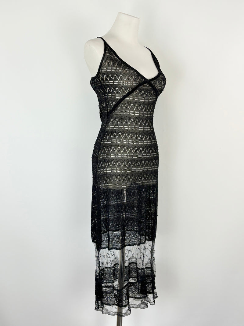 Collette Dinnigan Black Sheer-Lace Slip Dress - AU10/12