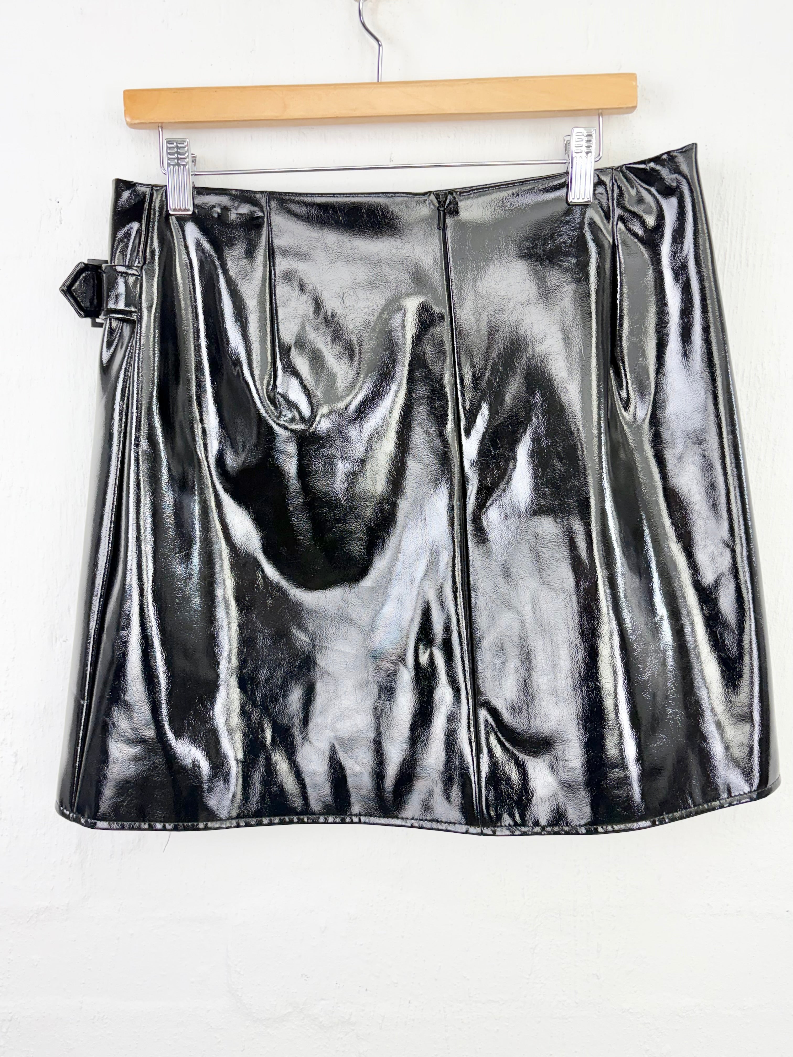 Karen Millen Black Faux Patent Leather Belted Mini Skirt - AU14