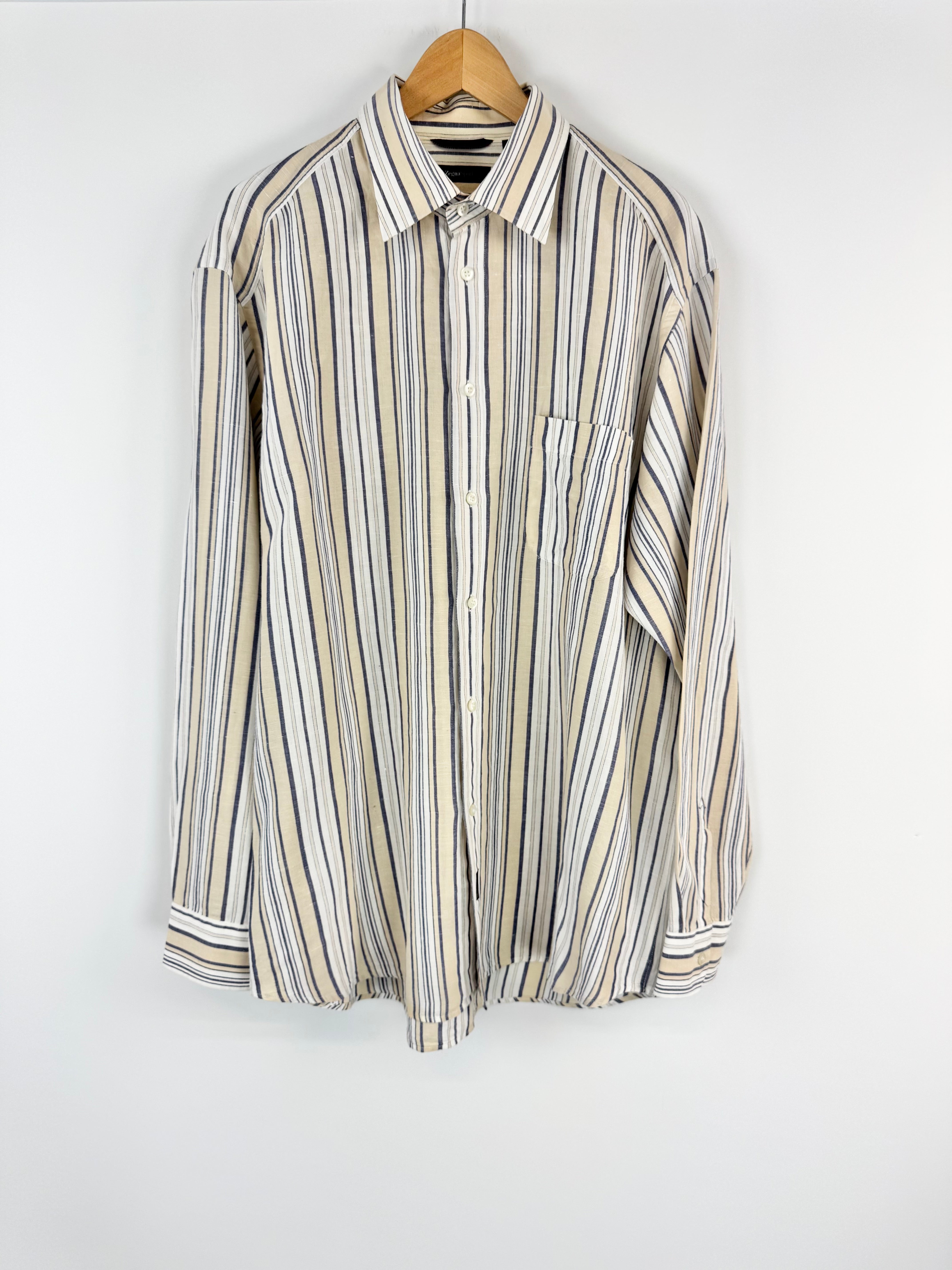 Zegna Sport Beige, White & Blue Striped Linen Shirt - XXL