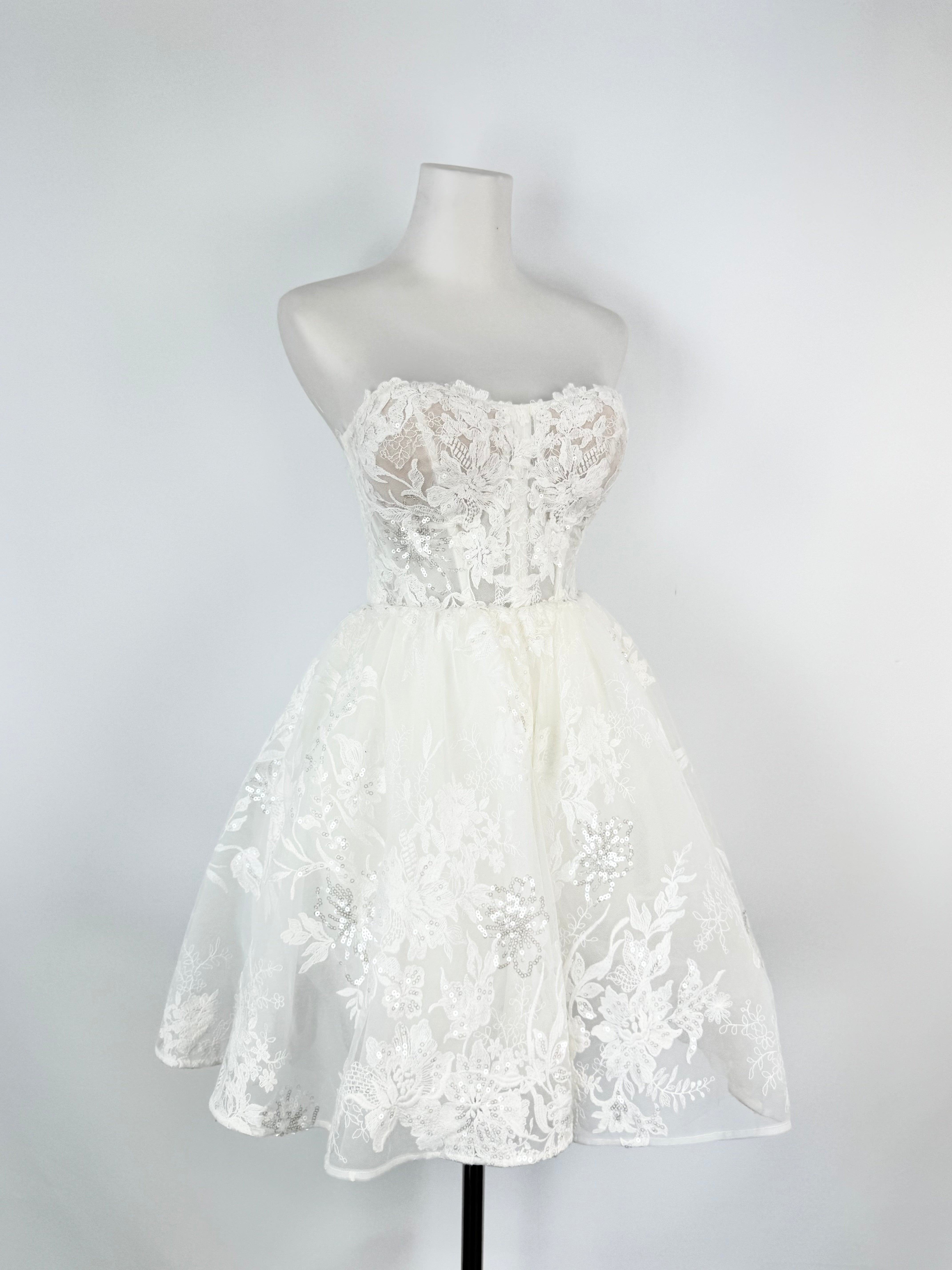 Kelly Lin Soft Ivory Strapless Lace Embellished Mini Dress - AU6
