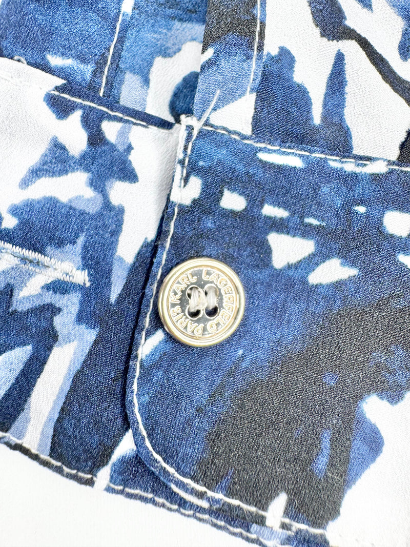 Karl Lagerfeld Blue & White Watercolour Illustrated Blouse - AU10/12