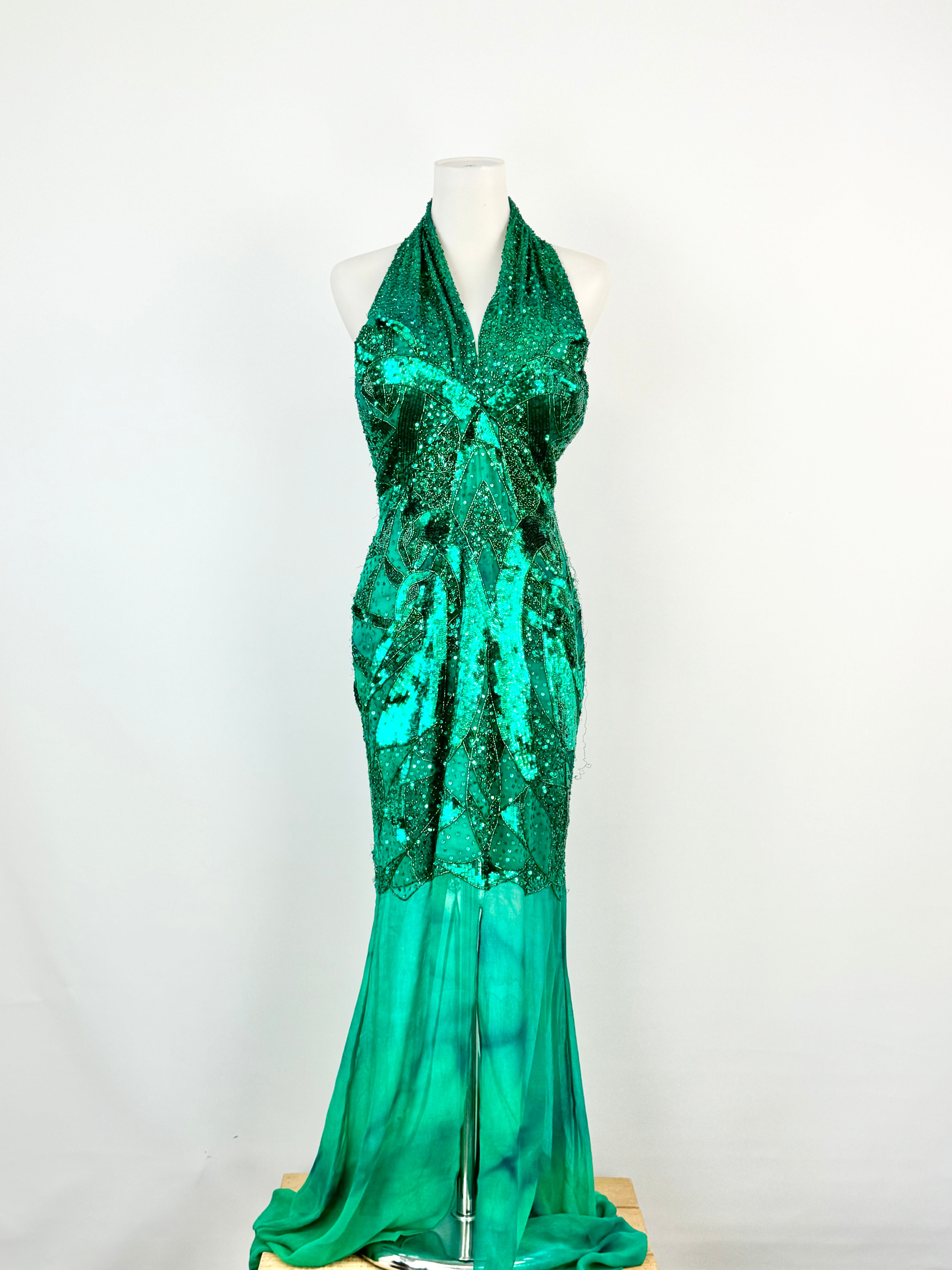 Bellucio Emerald Green Silk Sequined Maxi Dress - AU10