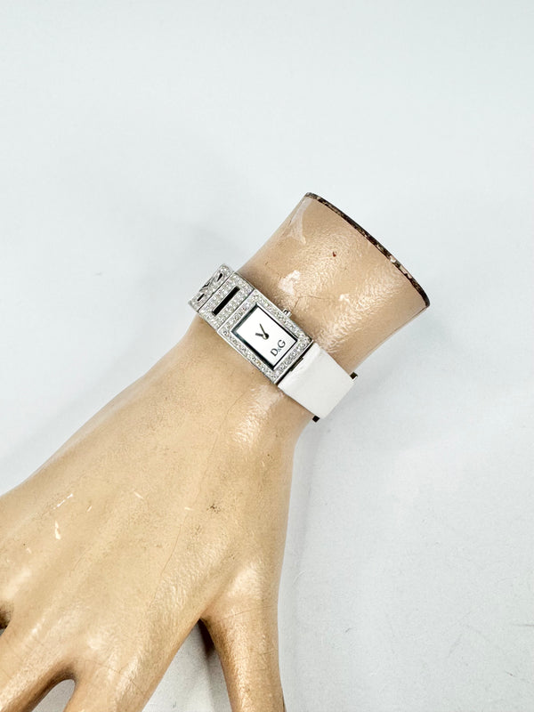 D&G White Leather 'DG' Crystal Embellished Watch