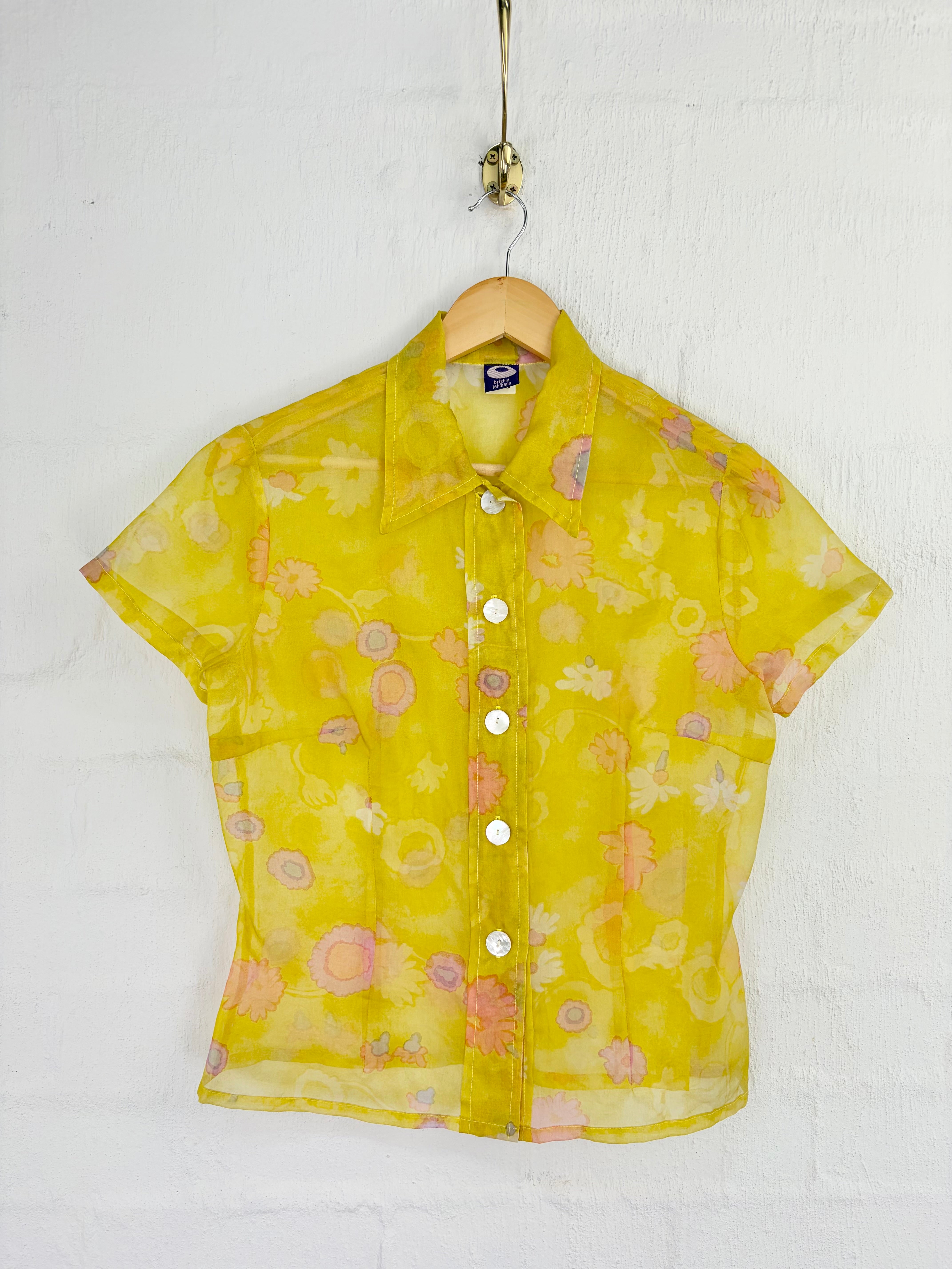 Brighid Lehmann Sheer Yellow Floral Patterned Silk Button Up Blouse - AU8/10