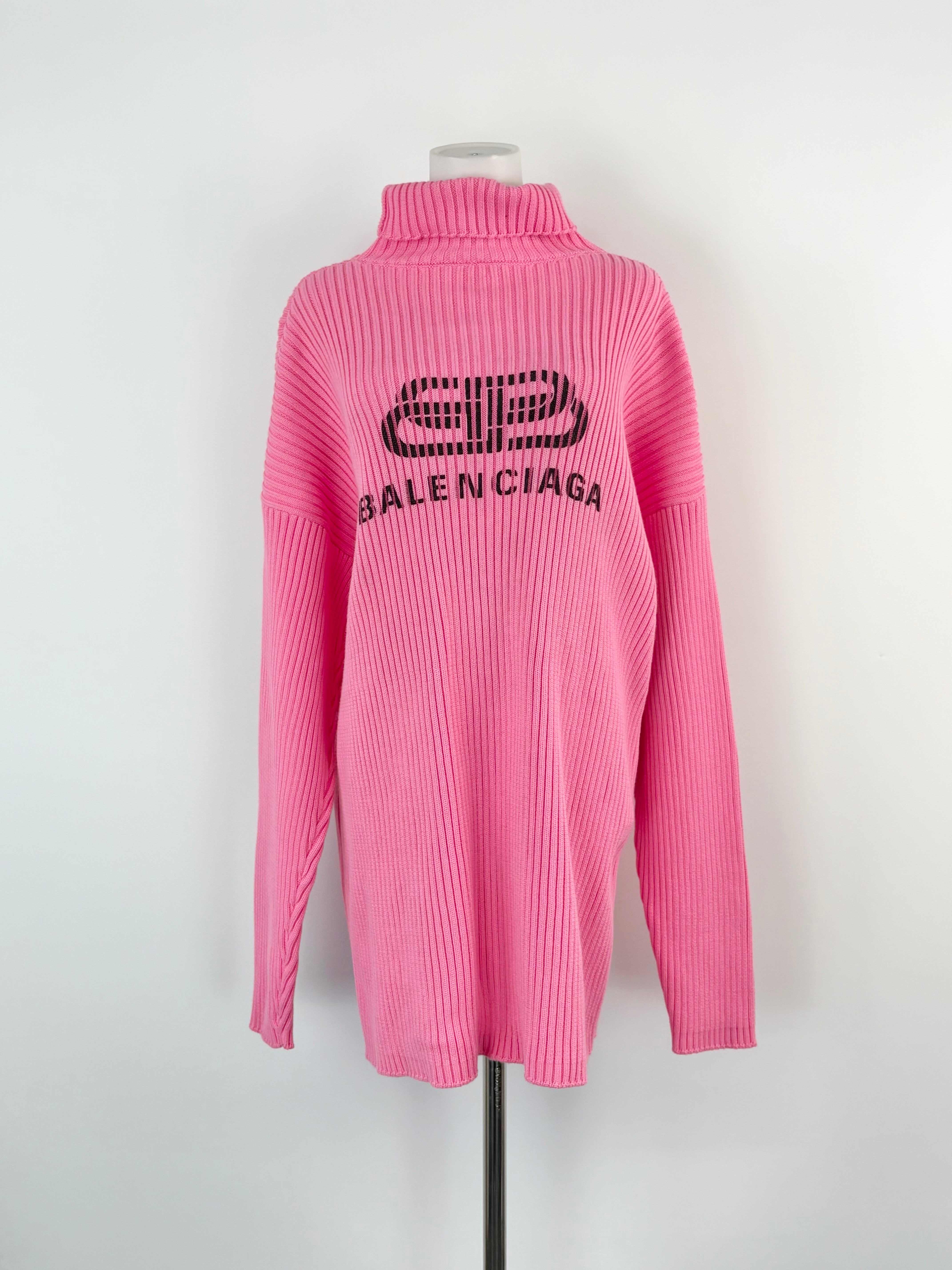 Balenciaga Pink Ribbed-Knit Logo Print Oversized Sweater - AU6/8