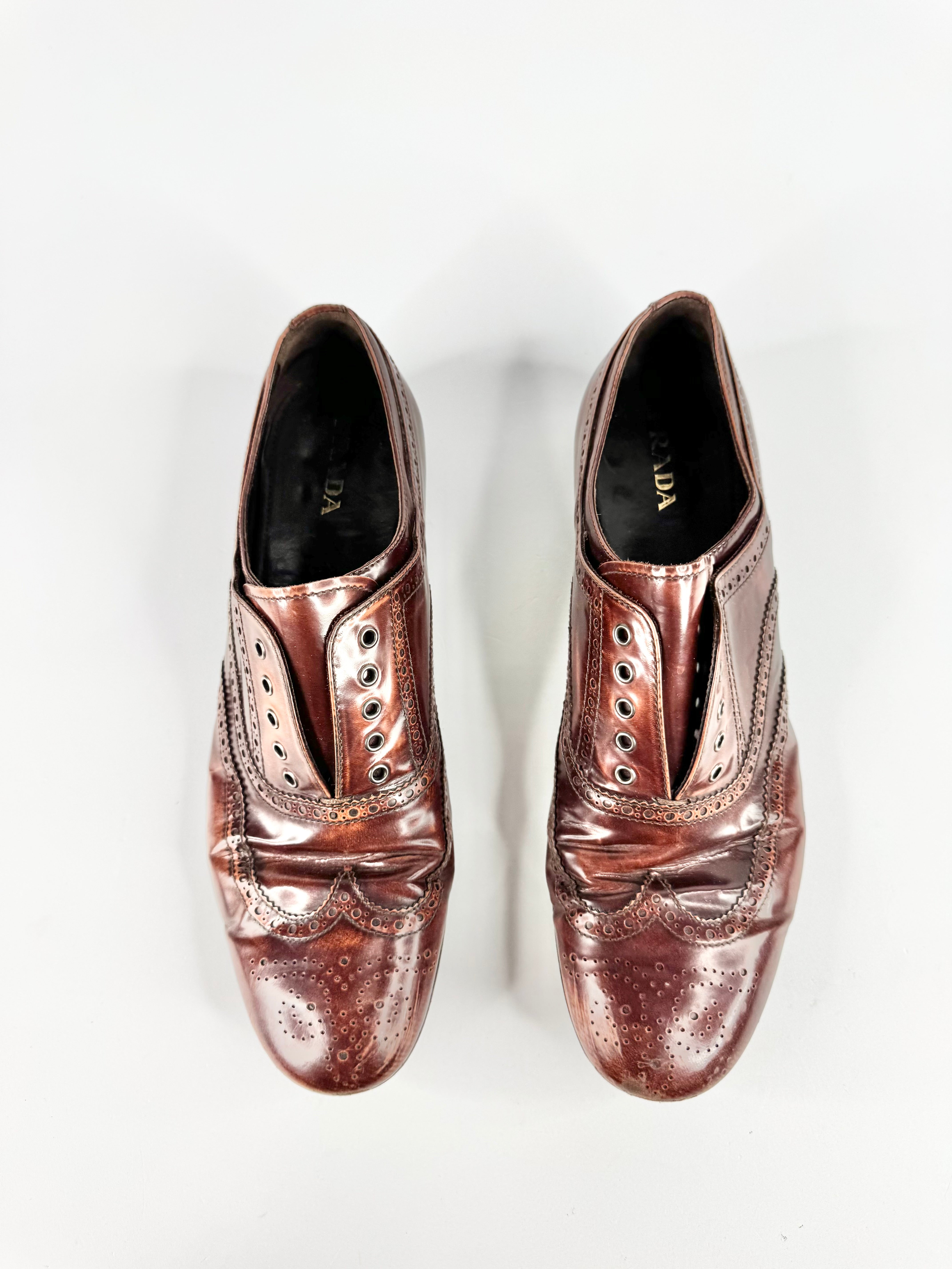 Prada Burnished Brown Leather Brogue Oxfords - EU41