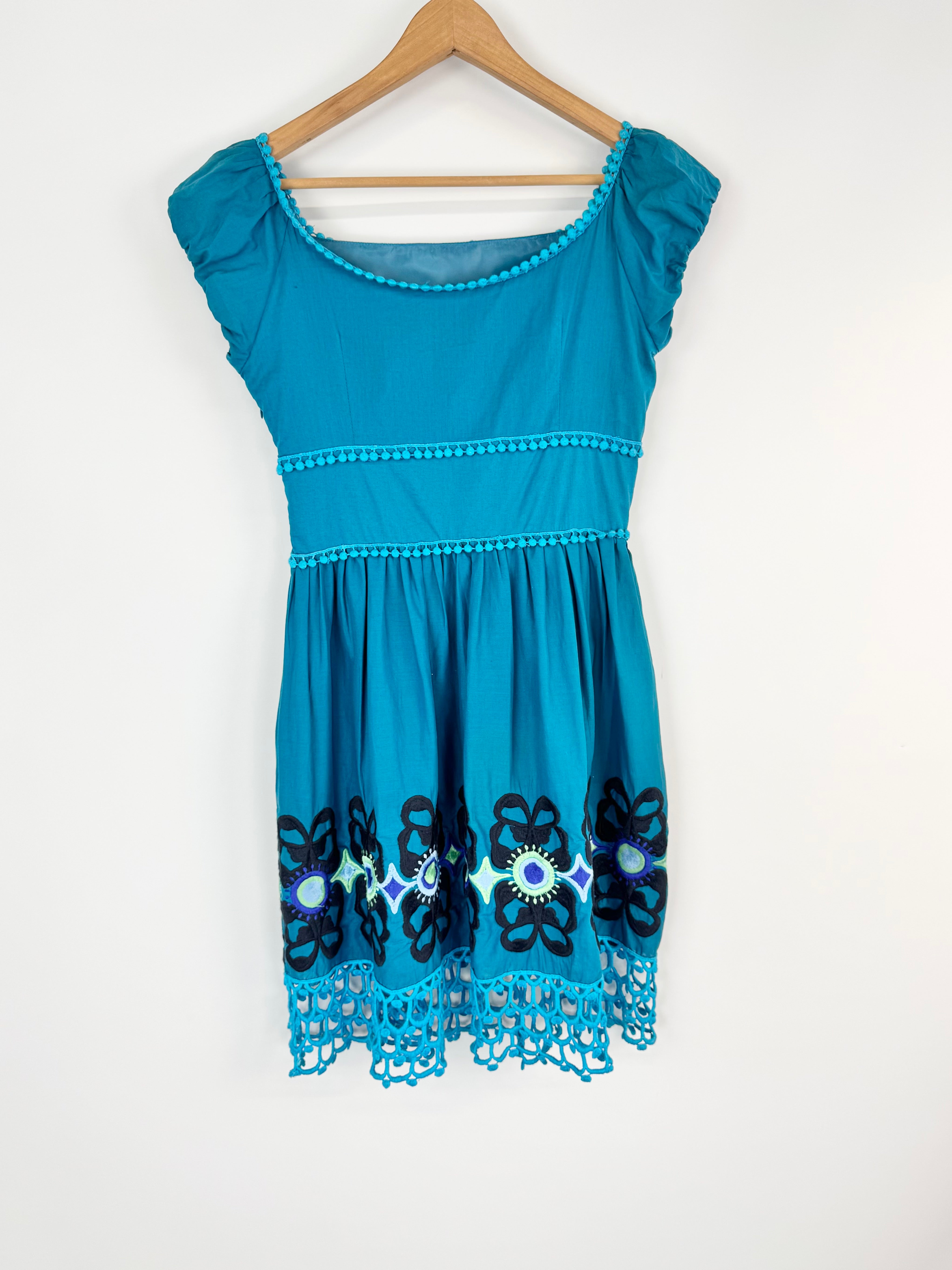 Anna Sui Blue Embroidered Cotton Dress - AU8/10