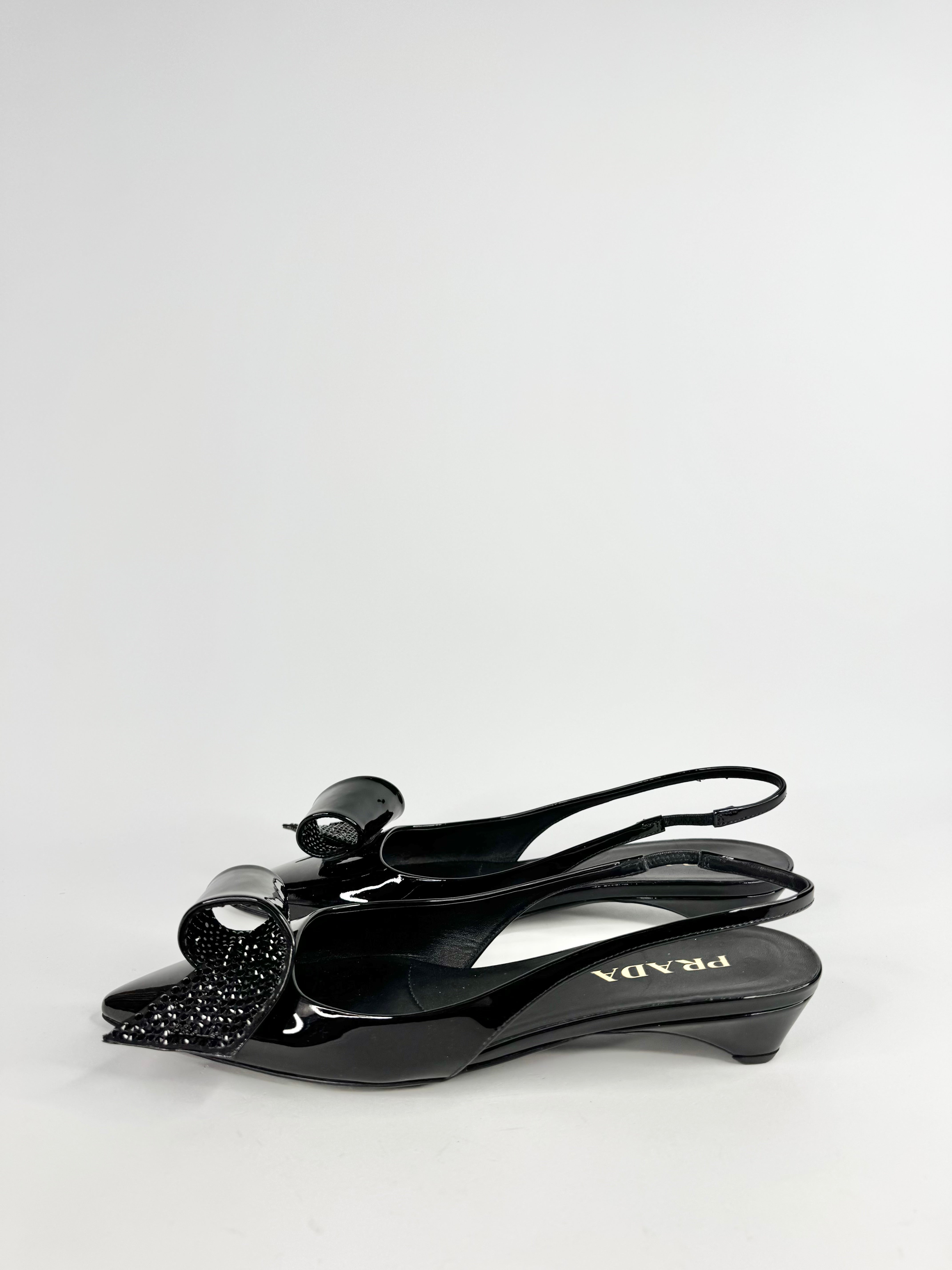 Prada Crystal Embellished Patent Leather Sling Backs - EU40