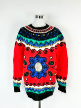 Vintage 80s Iznit Brightly Patterned Beaded Mohair Jumper - S