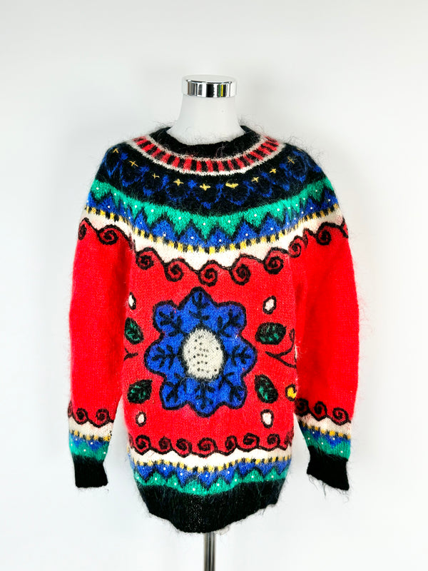 Vintage 80s Iznit Brightly Patterned Beaded Mohair Jumper - S