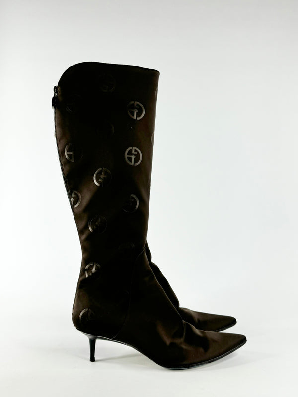 Vintage Giorgio Armani Brown Sateen Knee High Boots - EU40.5