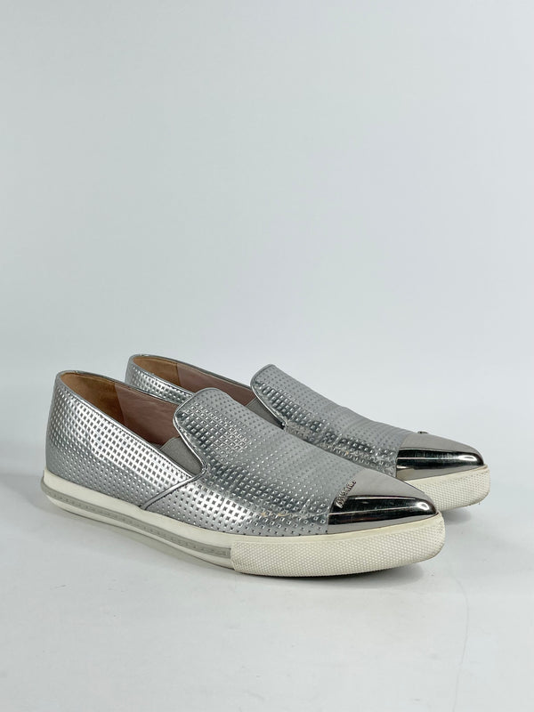 Miu Miu Metallic Silver Leather Pointed-Toe Loafers - EU40