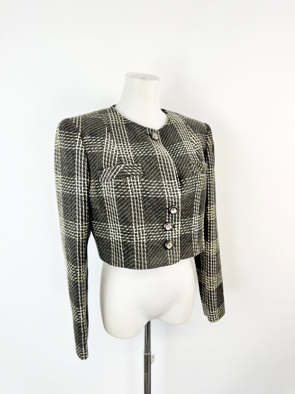 Valentino Miss V Brown & Cream Glen Plaid Cropped Blazer - AU10