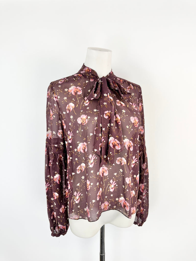 Ulla Johnson Sheer Magenta Pansy Patterned Bishop Sleeve Blouse - AU8