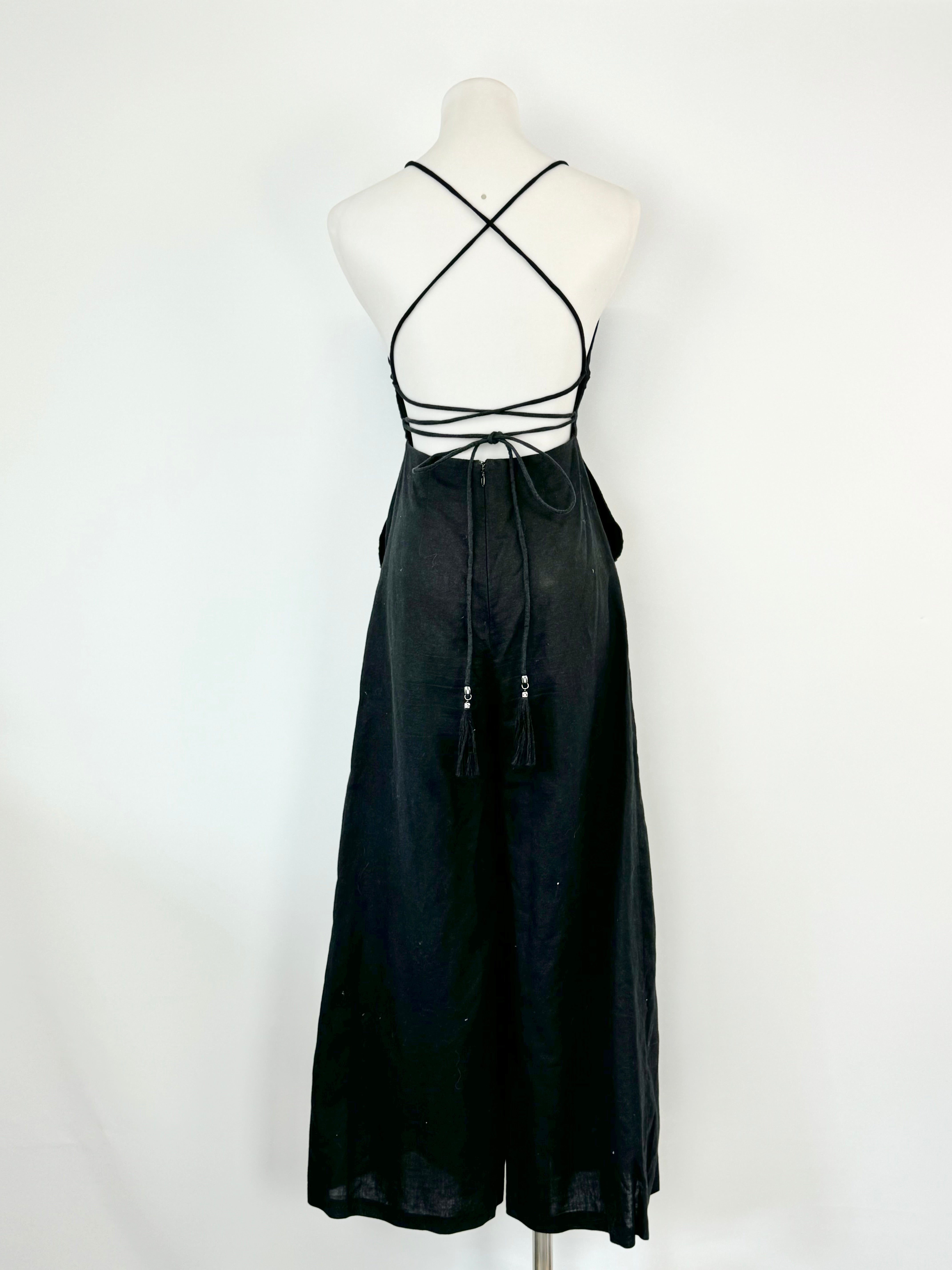 Zimmermann Black Linen Floral Embroidered Backless Jumpsuit - AU6/8