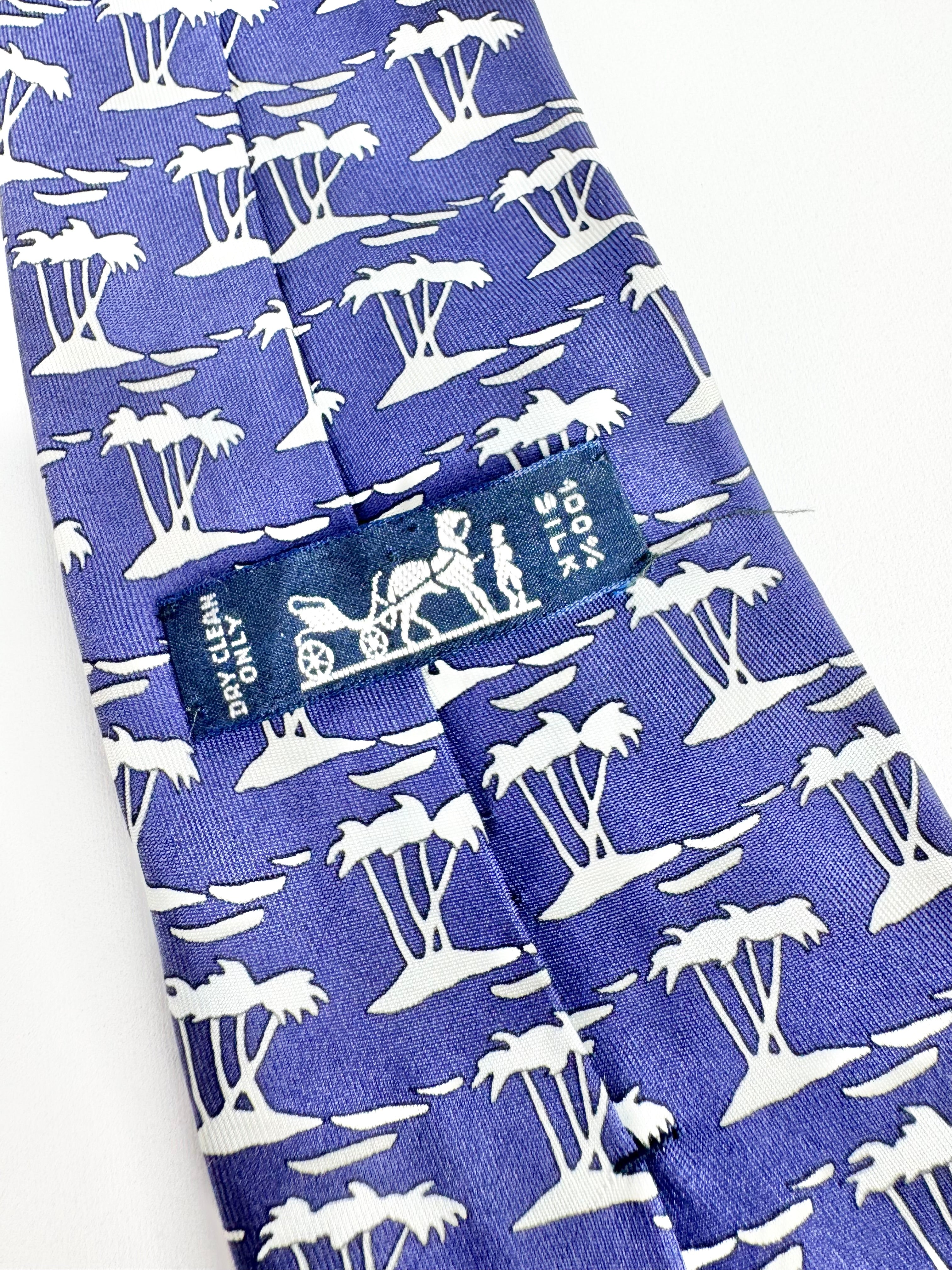 Vintage 90s Hermès Deep Blue Palm Tree Patterned 7450 Silk Tie