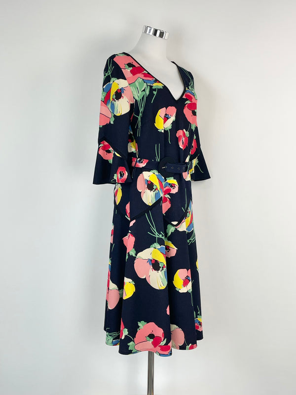 Leona Edmiston Navy Blue Floral Patterned Midi Dress  - AU10