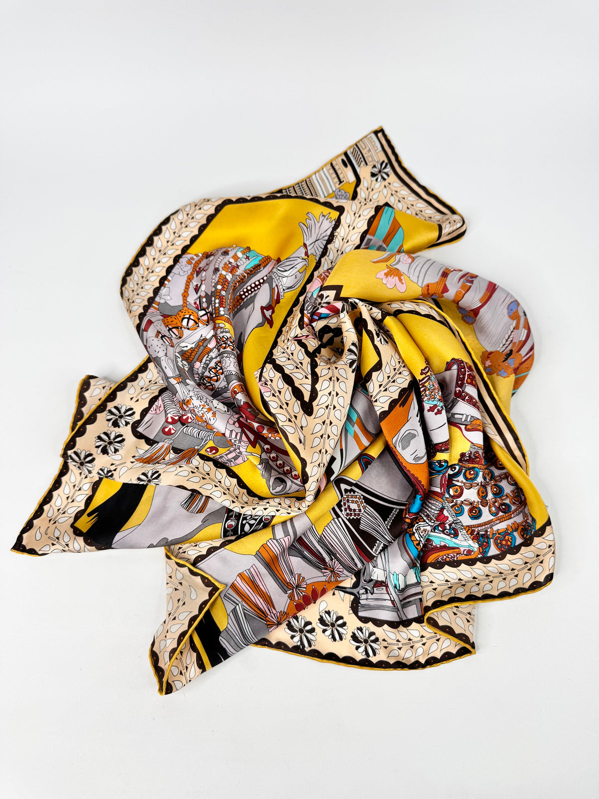 Yellow Silk Horse Patterned Scarf