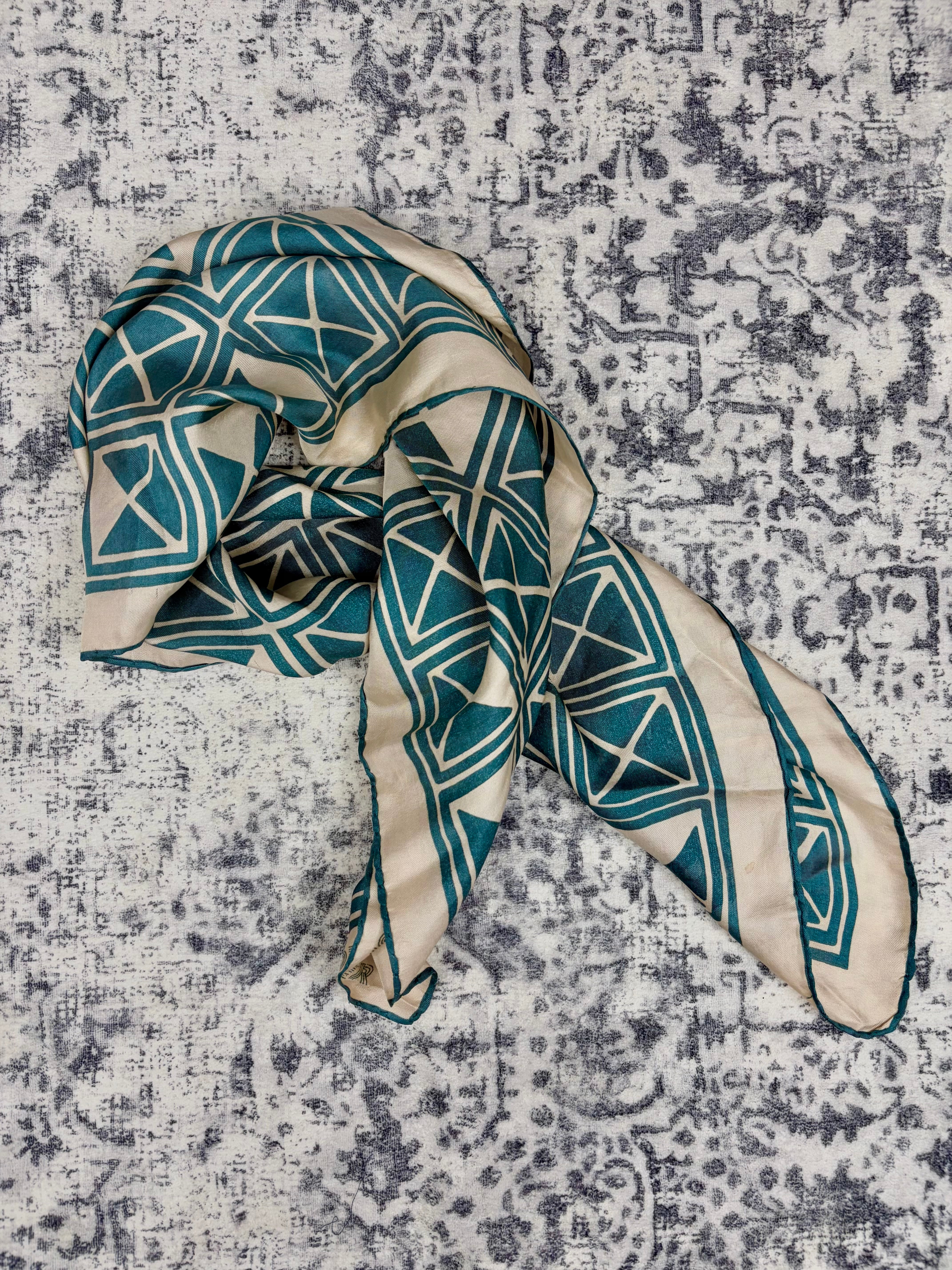 Vintage Jaeger Tourqouise and Cream Geometric Patterned Scarf