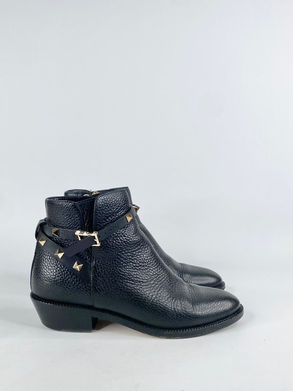 Valentino Garavani Black Gold Rockstud Leather Ankle Boots - EU35