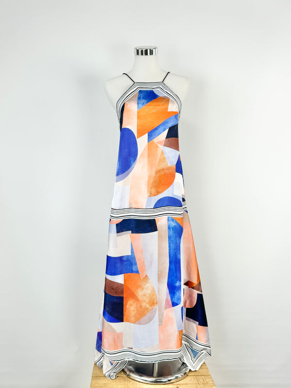 Acler Orange & Blue Abstract Pattern Halter Neck Maxi Dress - AU6