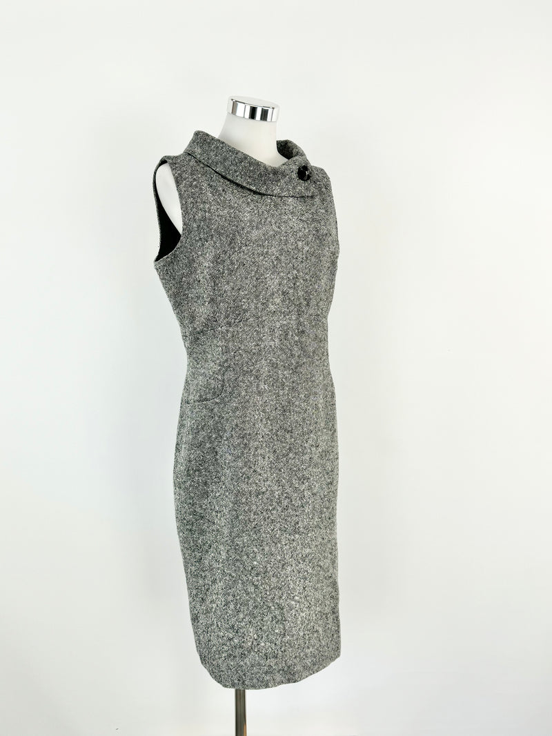 Hobbs Black & White Tweed Midi Dress - AU12