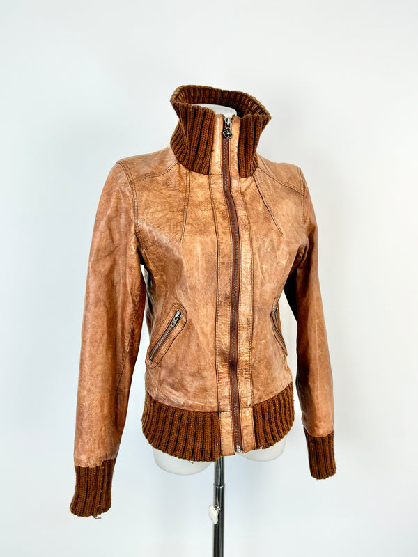 Maison & Scotch Tan Leather & Knit Jacket - AU8/10