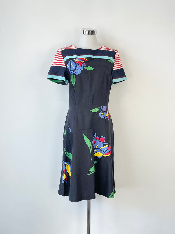 Suno Black with Florals & Striped Twill Midi Dress - AU8