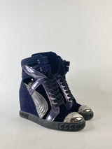 Casadei Tricolour Suede & Leather High Top Wedge Sneakers - EU37
