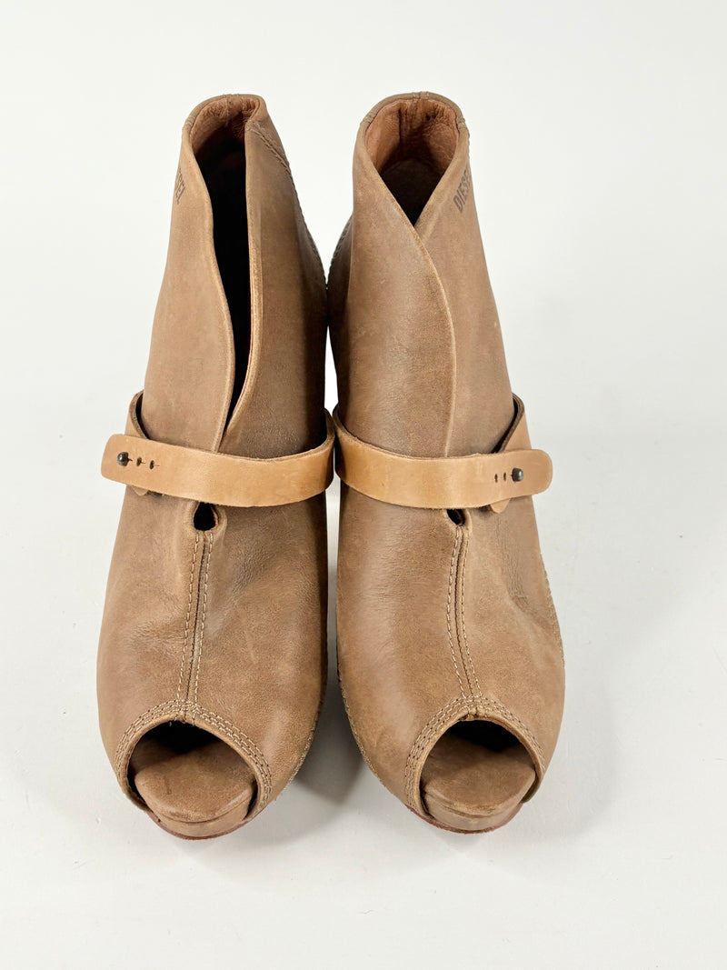 Diesel Tan Leather Peep-Toe Ankle Boots - EU41