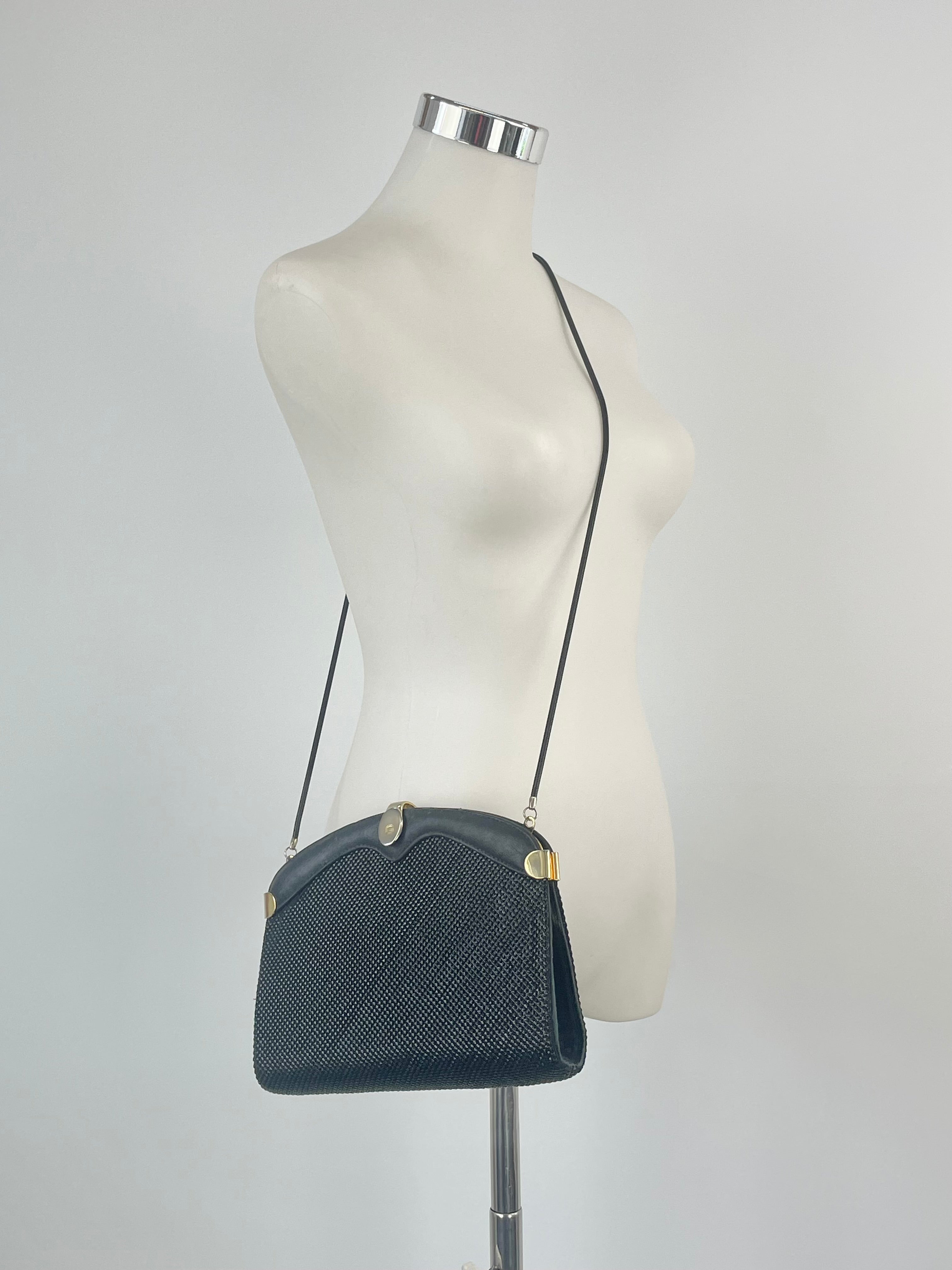 Vintage Glomesh Black Leather Contrast Evening Bag