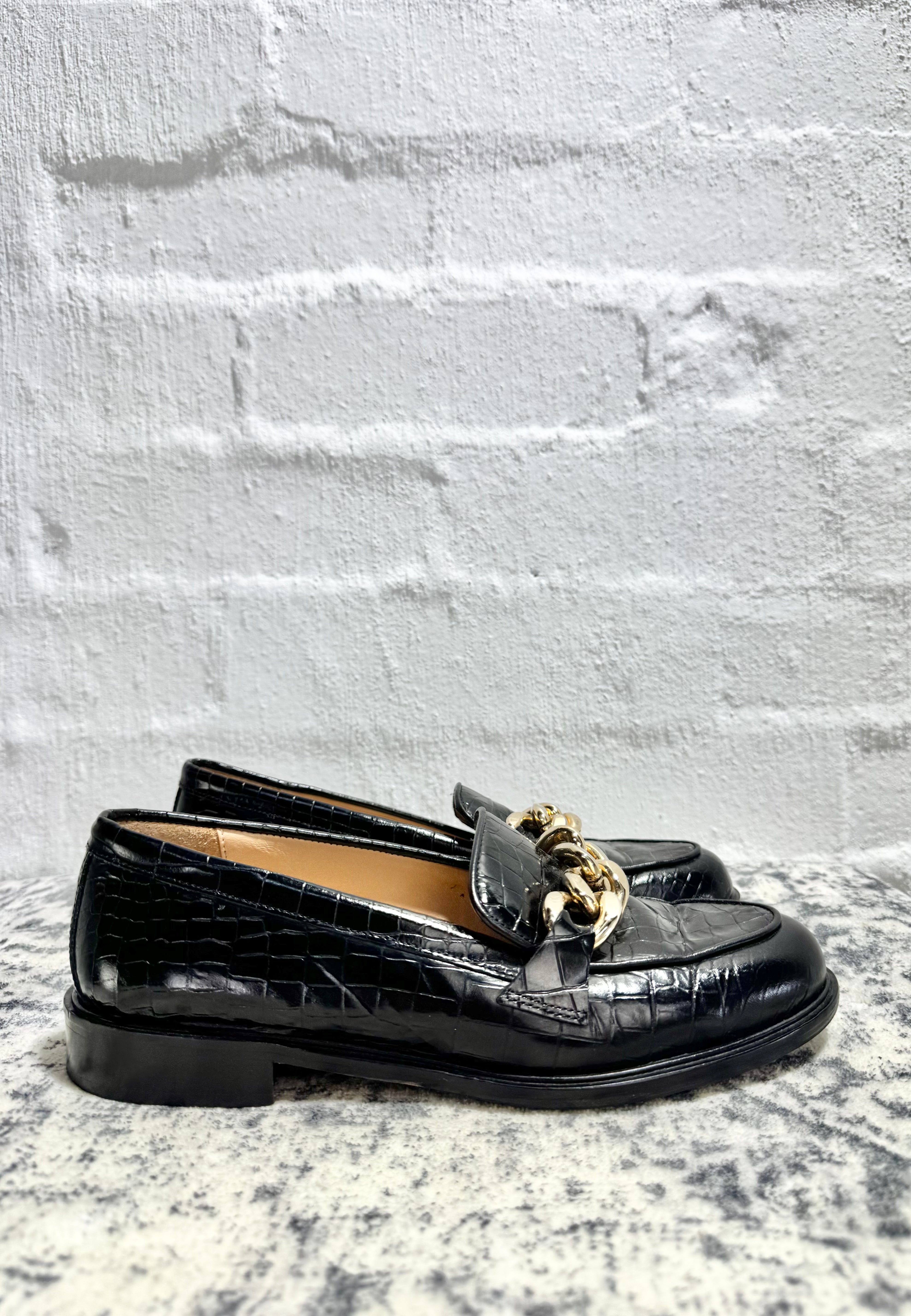Husk Black Croc Embossed Gold Chain Loafers - EU37