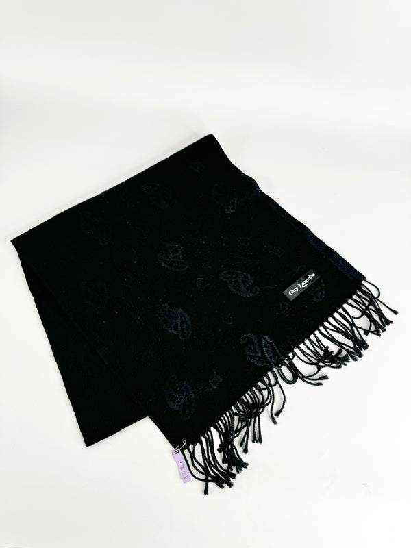 Vintage Guy Laroche Black Pailsey Pattern Fringed Scarf