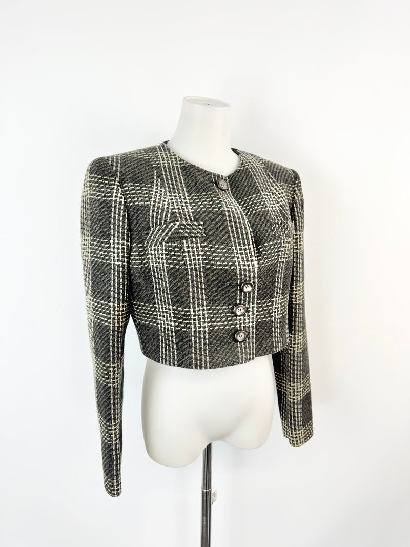Valentino Miss V Brown & Cream Glen Plaid Cropped Blazer - AU10